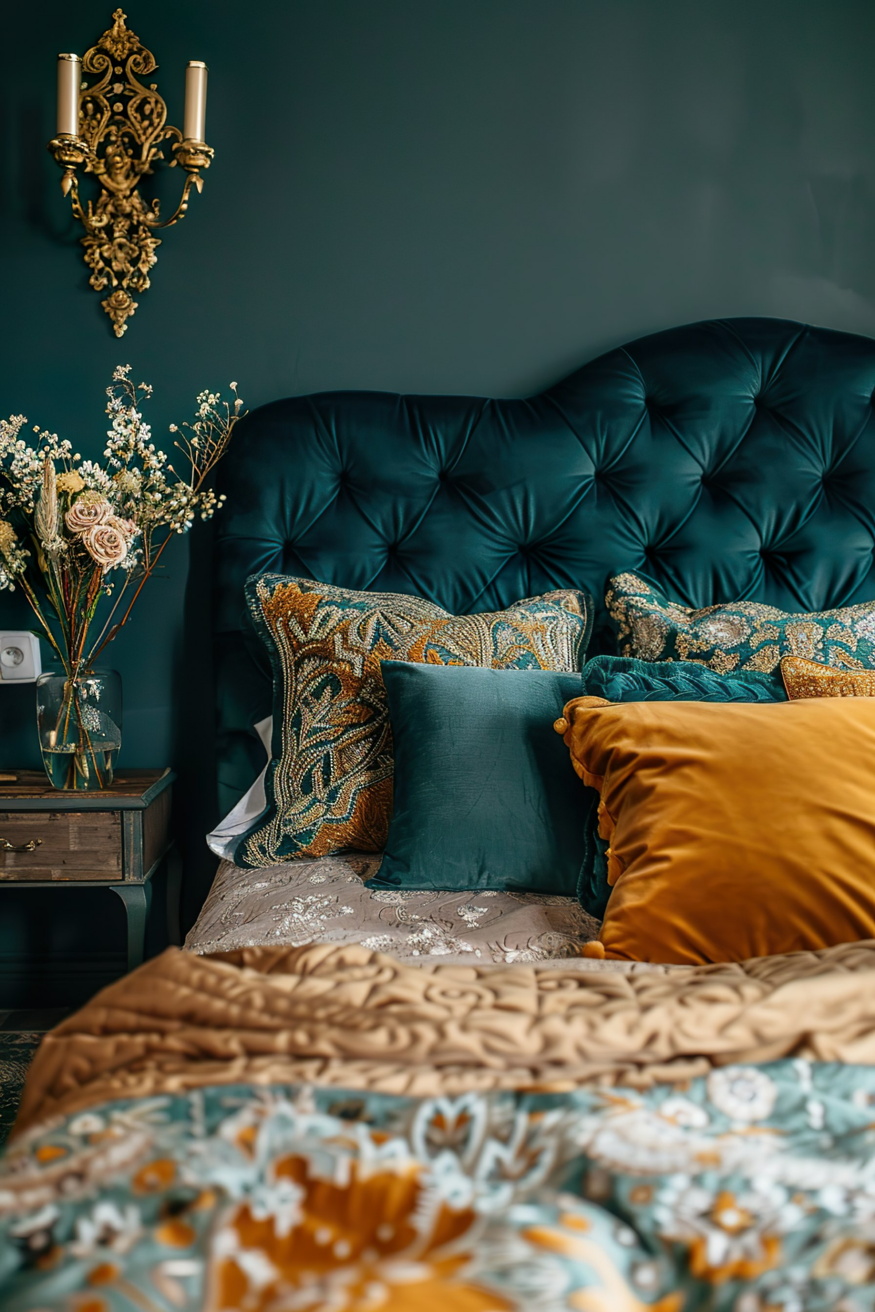 Elegant bedroom interior with a teal tufted headboard, decorative pillows, vintage bedside table, and ornate gold sconce against a dark wall.