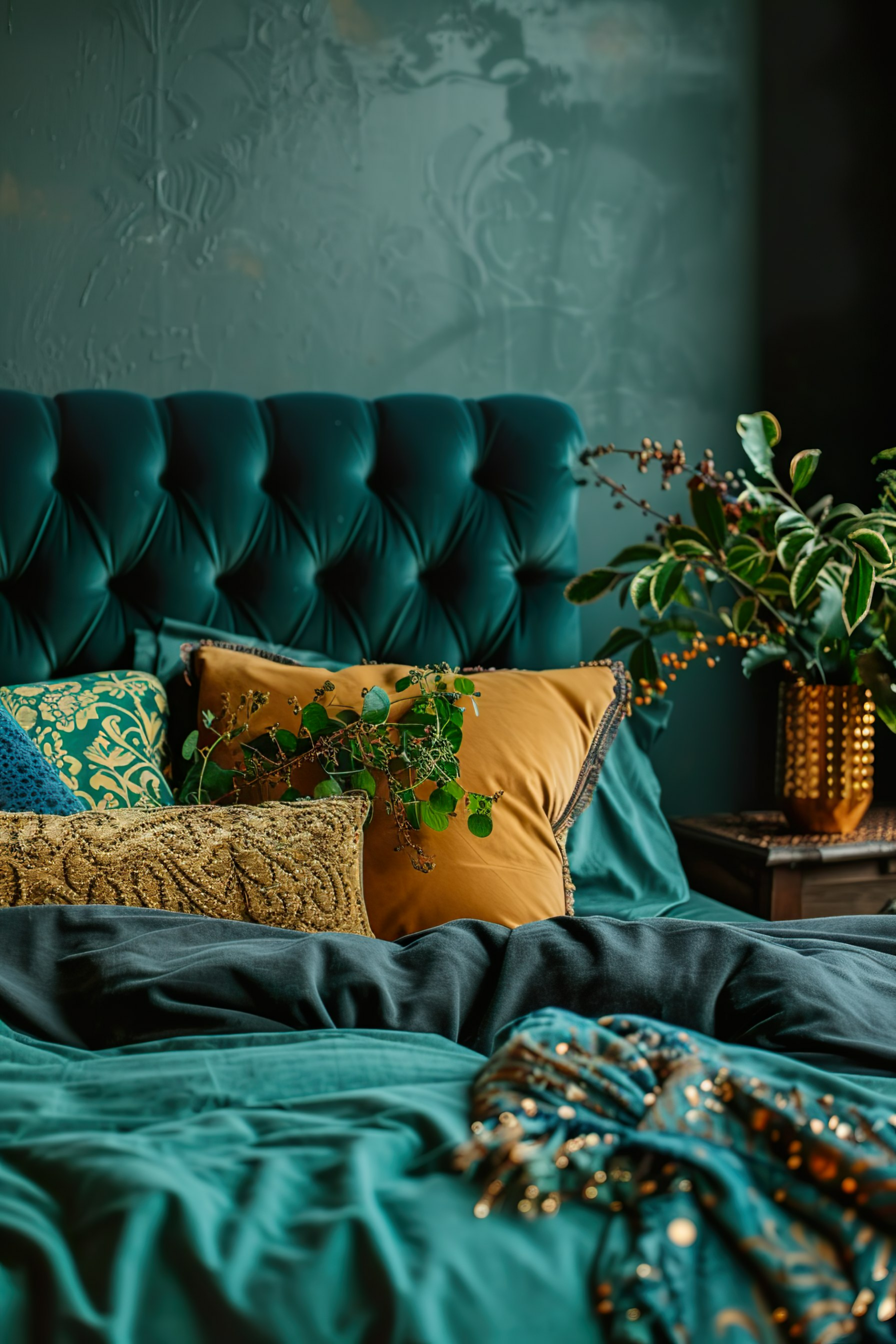 ALT: An elegant teal sofa with assorted cushions, a blue throw blanket, and a plant in a gold pot, creating a cozy and stylish indoor setting.