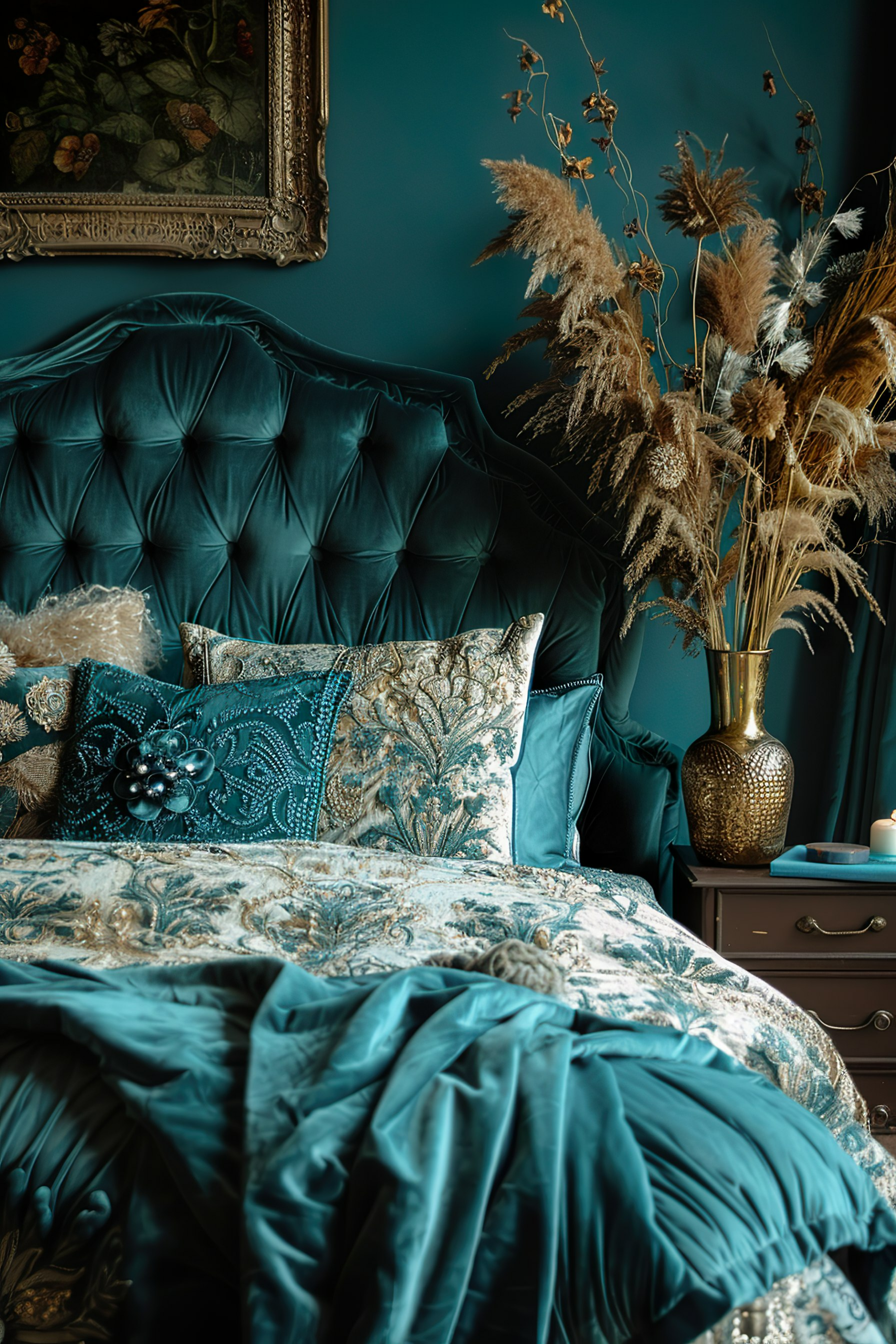 Luxurious bedroom with teal tufted headboard, matching bedding, decorative pillows, dried flowers, and vintage painting.