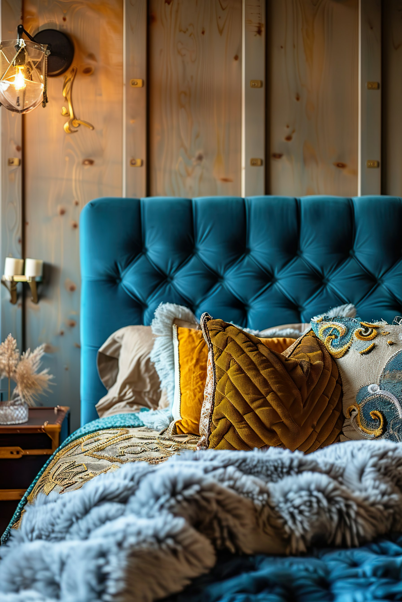 Cozy bedroom corner with a teal tufted headboard, decorative pillows in yellow and blue, and a warm, textured blanket.