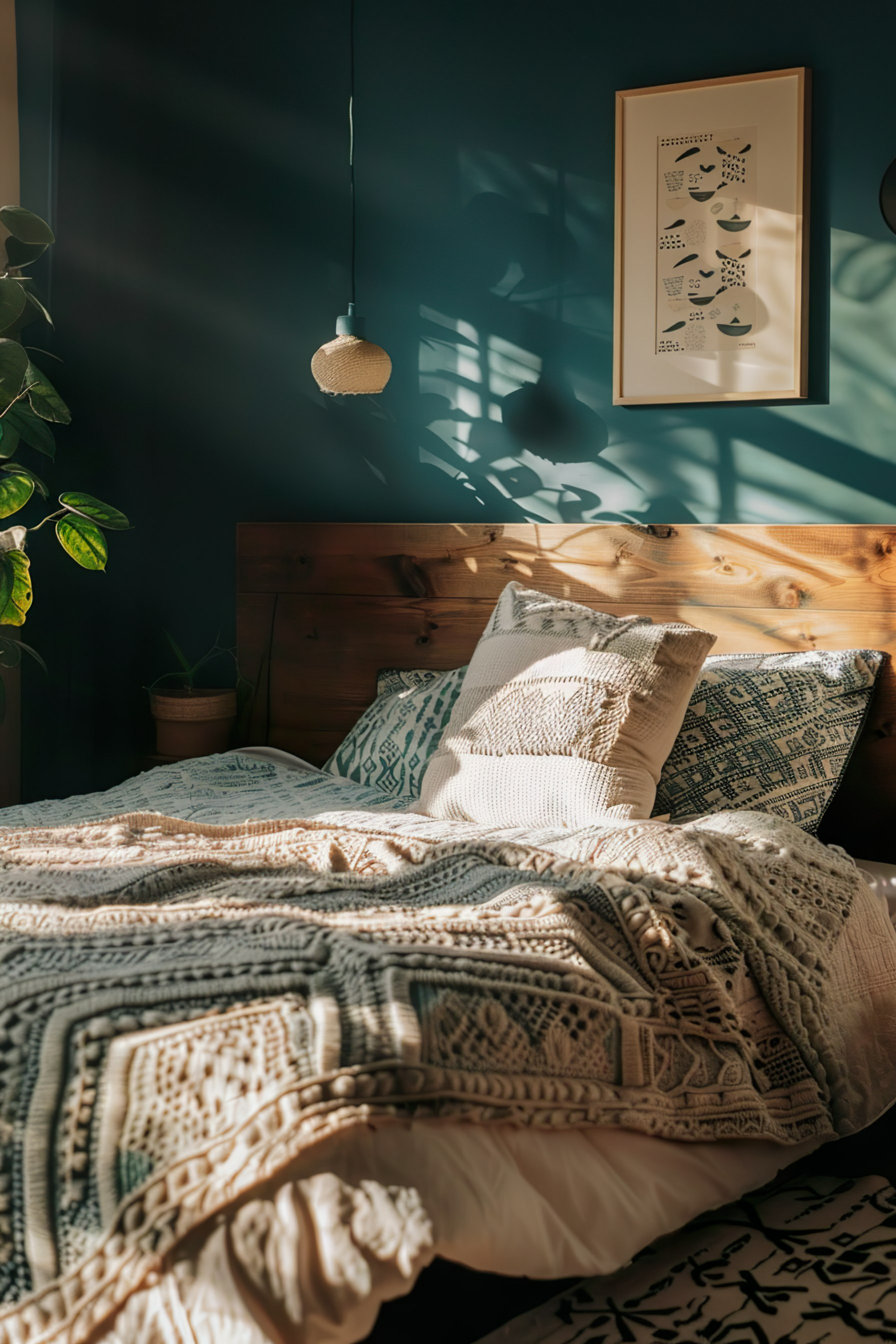 Cozy bedroom with sunlight casting shadows on a dark wall, textured bedding, wooden headboard, hanging lamp, and framed artwork.