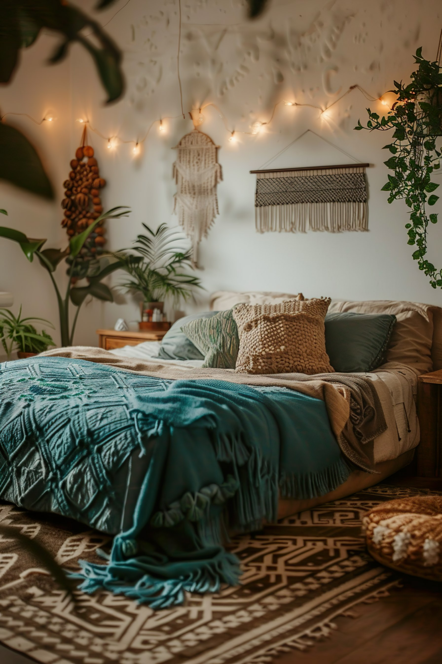 Cozy bedroom with a bed covered in blue and neutral-toned textiles, string lights, and decorative plants.