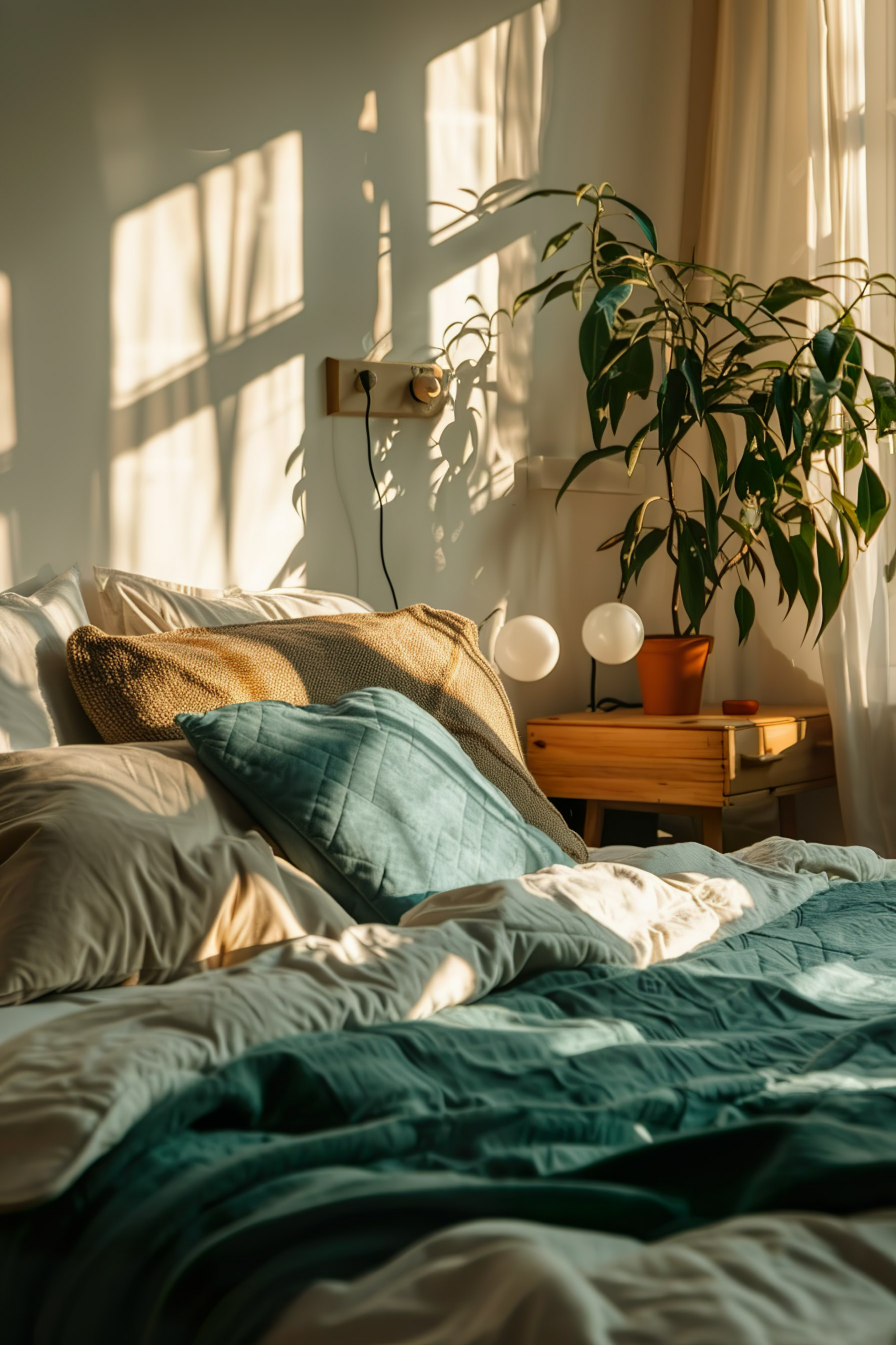 A cozy bedroom bathed in warm sunlight, with a messy bed, pillows, and a potted plant by the window casting shadows on the wall.