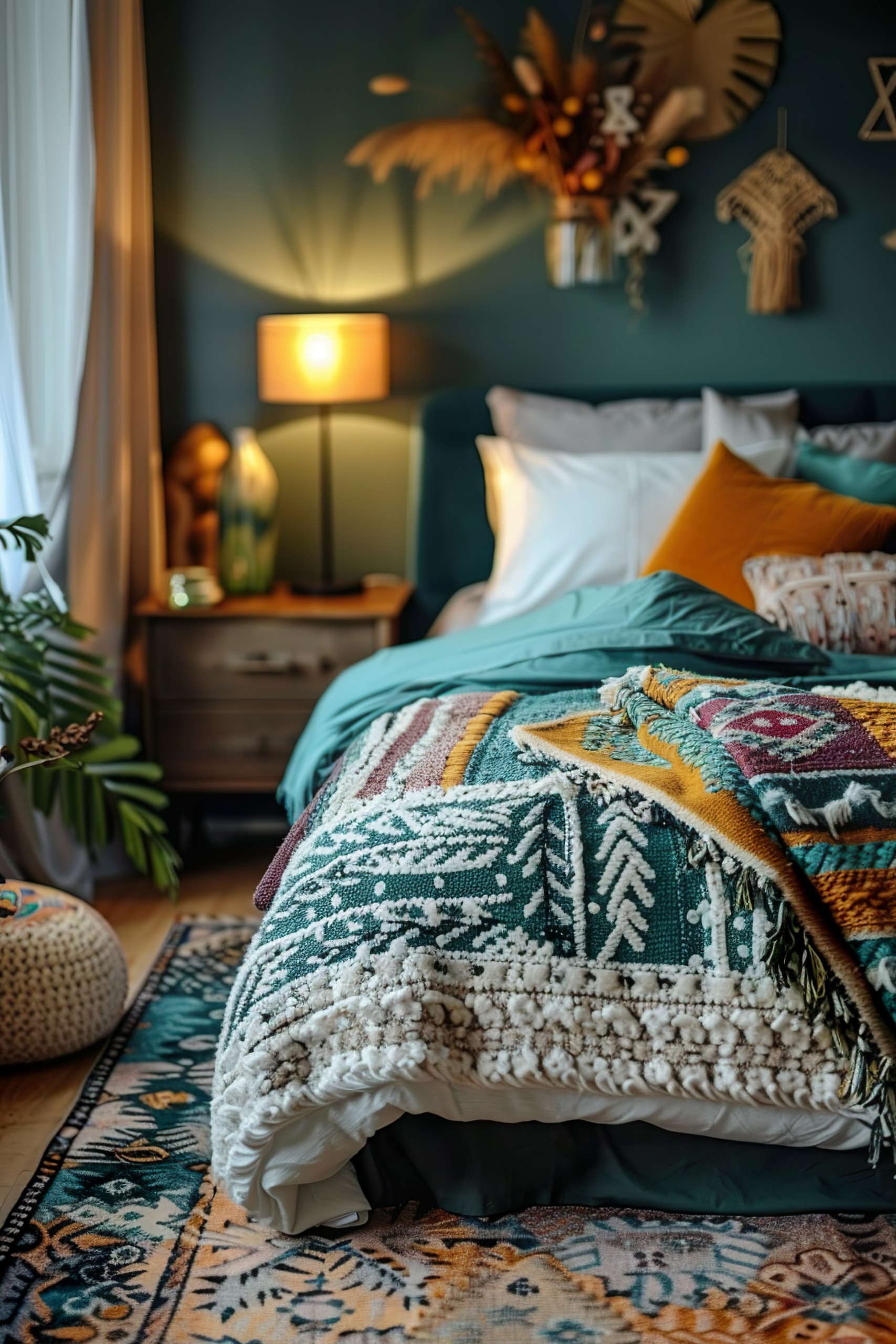 A cozy bedroom with a patterned blanket on the bed, a teal headboard, warm lighting, and bohemian style decor.