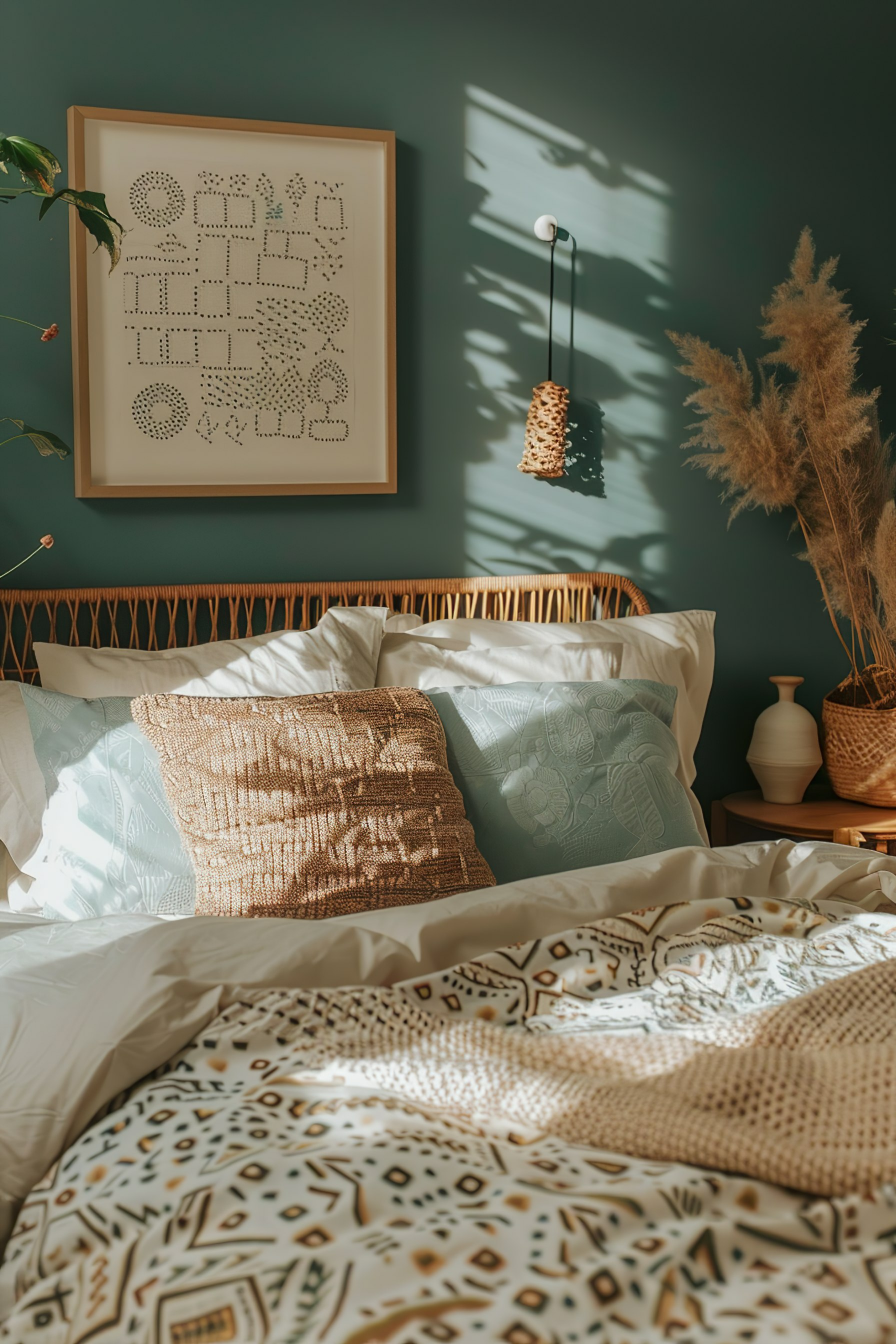 A cozy bedroom with a rattan headboard, patterned bedding, framed artwork, a bedside lamp, and decorative pampas grass in sunlight.