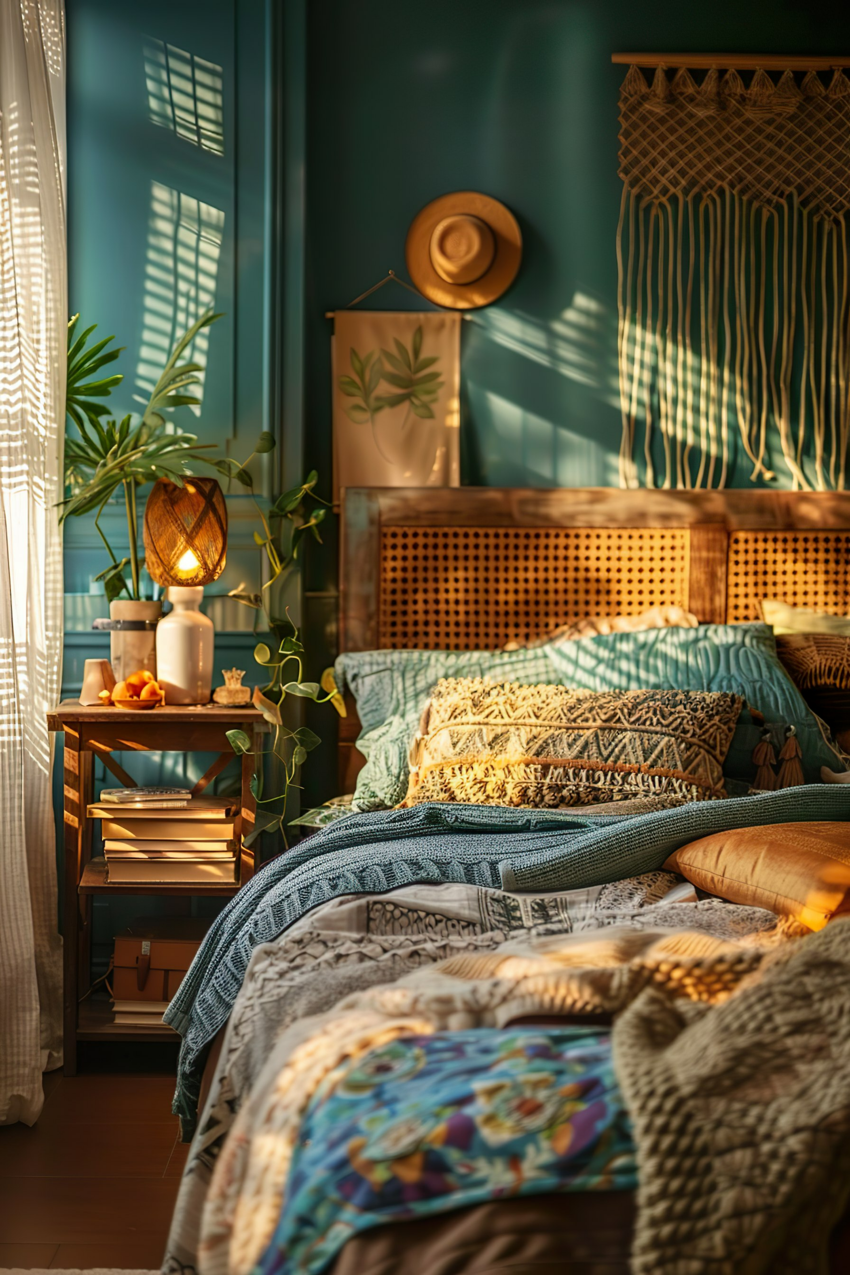 Cozy bedroom interior with warm light, wicker headboard, textured bedding, and a hat on the wall.