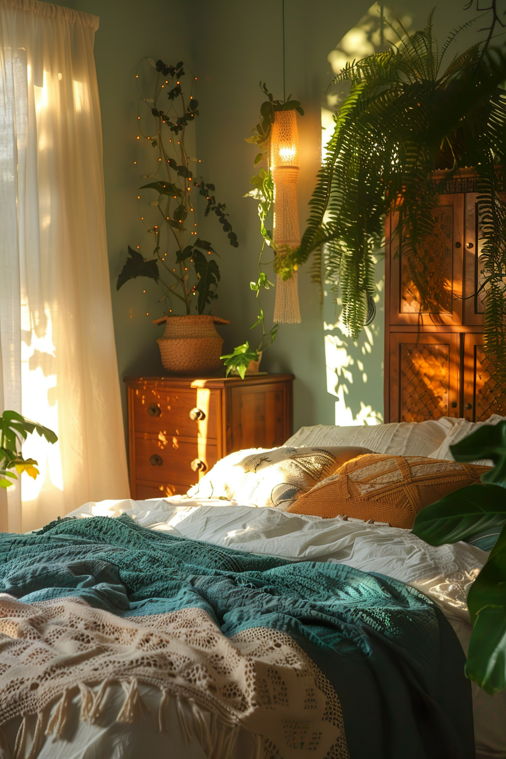 A cozy bedroom bathed in warm sunlight, adorned with hanging plants and decorative lights, featuring a bed with colorful textured blankets.