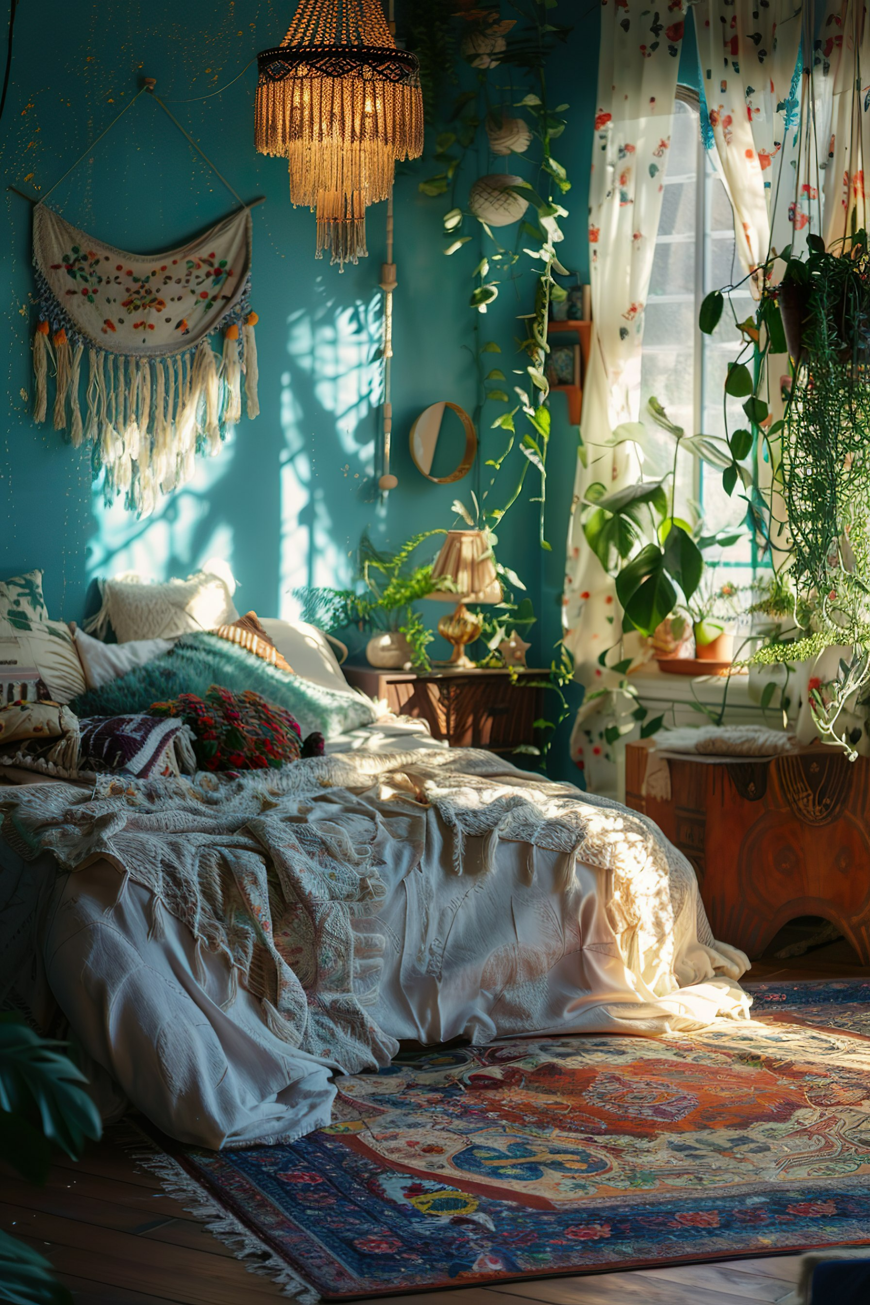 A cozy, bohemian-style bedroom bathed in sunlight, with plants, colorful rug, and a macramé wall hanging.