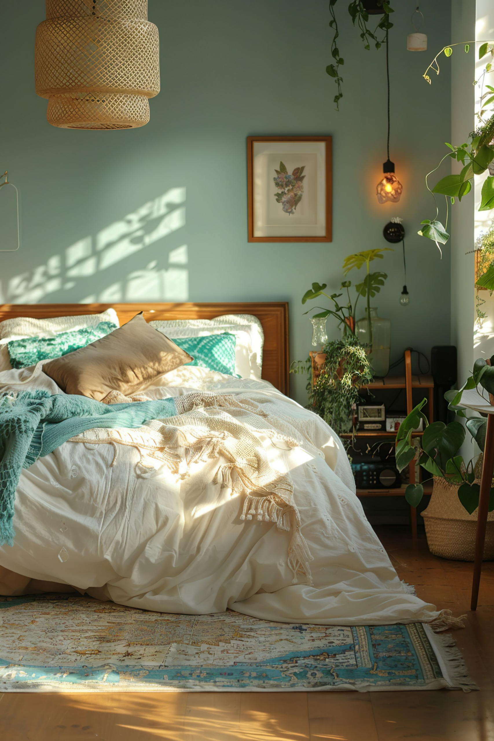 Cozy bedroom interior at sunrise with plants, warm light, and a well-made bed with decorative pillows.