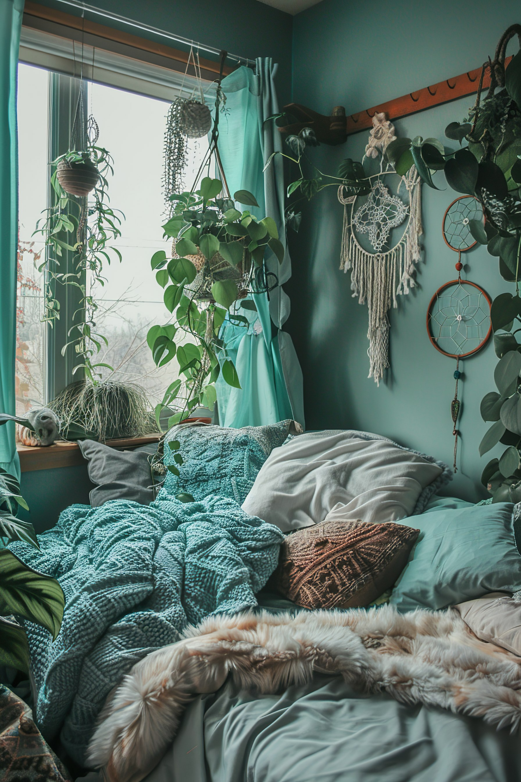 A cozy bedroom corner with a bed covered in textured blankets, surrounded by hanging plants and dream catchers by a window.