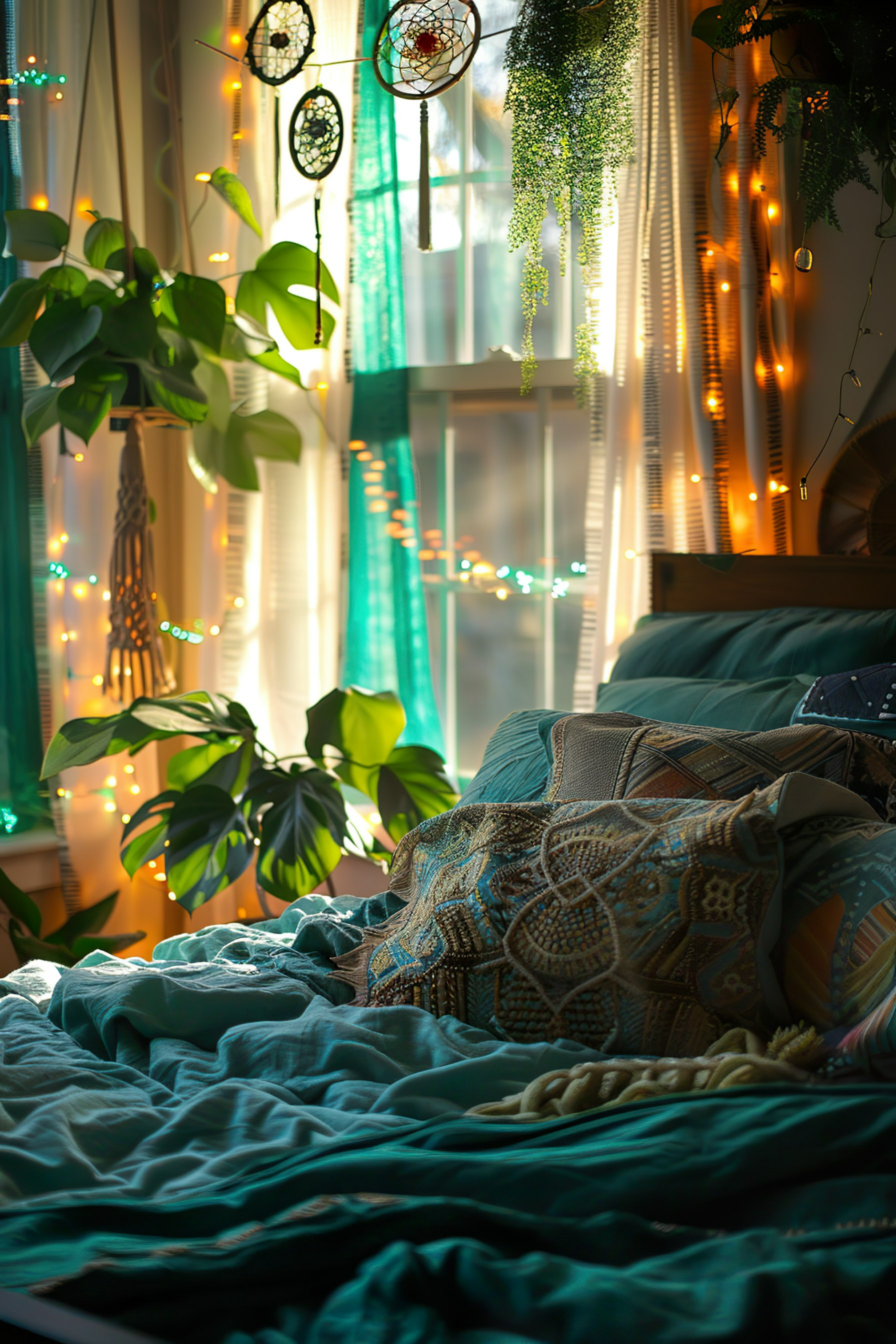 A cozy bedroom corner with plants, dream catchers, twinkling fairy lights, and decorative pillows on a bed.