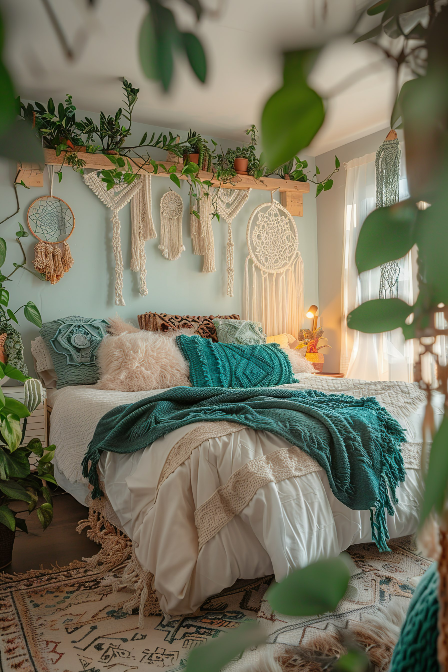 A cozy bohemian-style bedroom with a bed dressed in textures, macrame wall hangings, plants, and warm lighting.