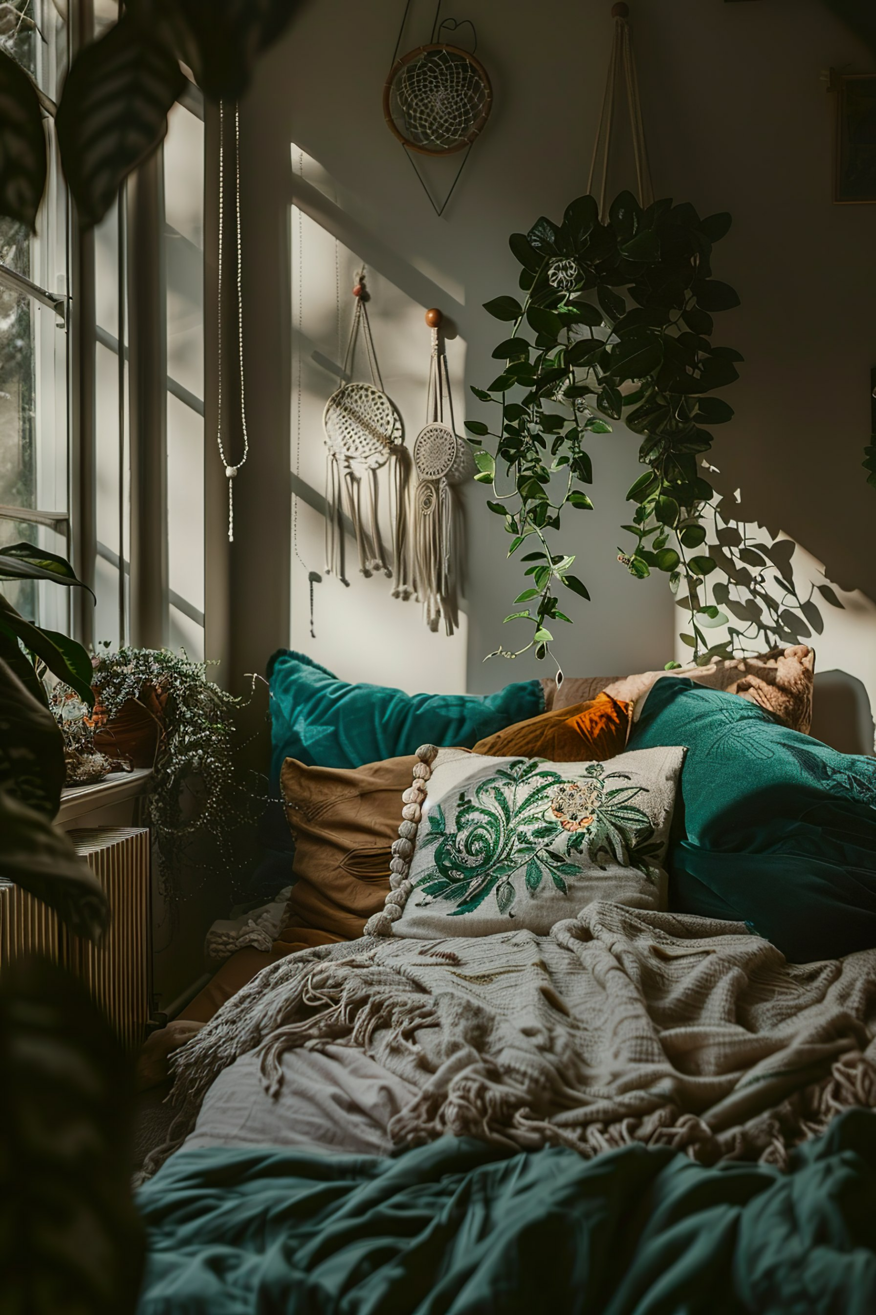 Cozy bohemian-style bedroom corner with plants, dreamcatchers, decorative pillows, and a soft blanket, bathed in warm natural light.