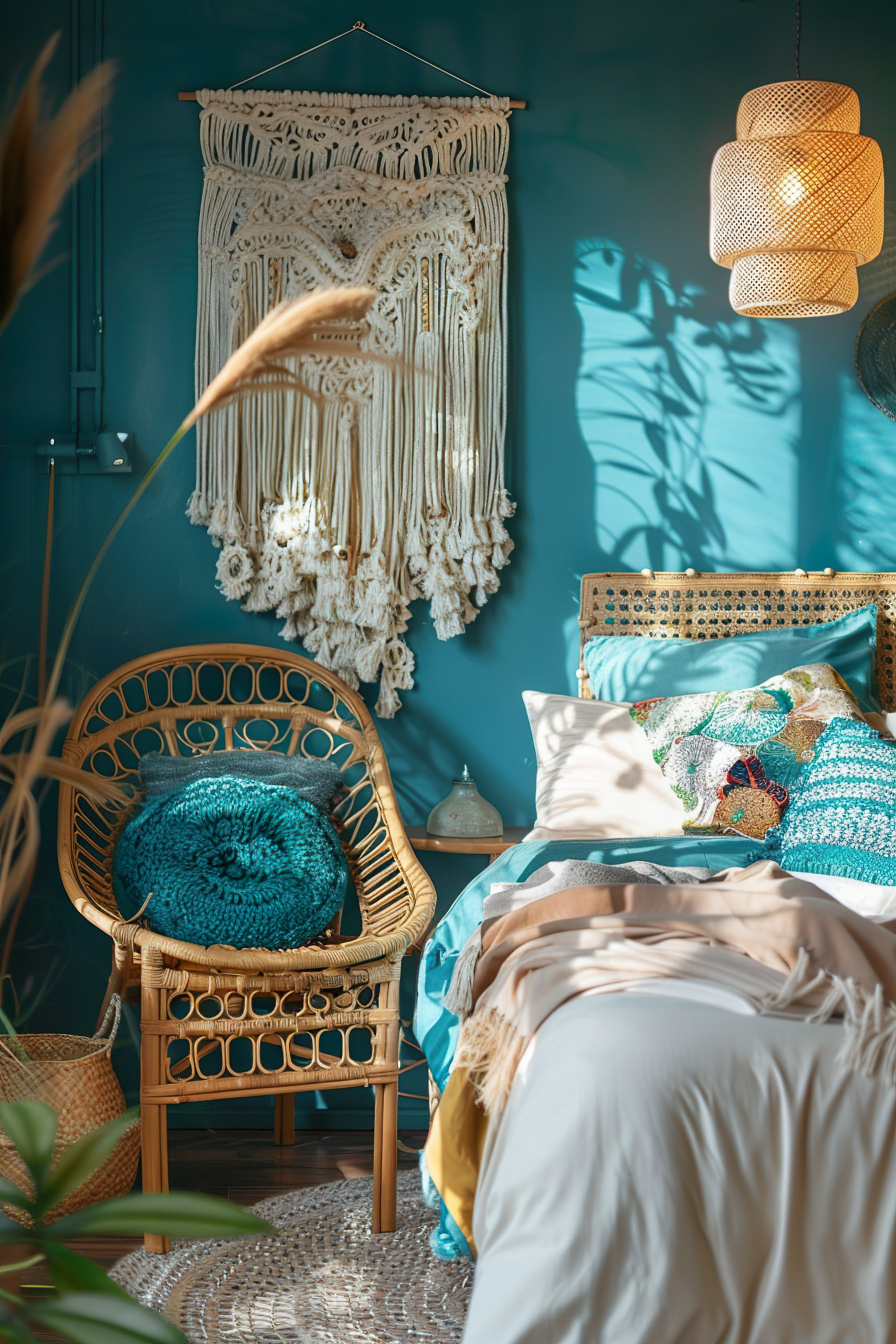 Boho-styled bedroom with macrame wall hanging, rattan chair with teal pillow, bed with colorful cushions, and patterned lamp casting shadow.