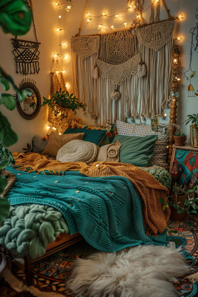 A cozy bohemian-style bedroom with macramé wall hangings, twinkling lights, plants, colorful cushions, and a fluffy white dog resting.