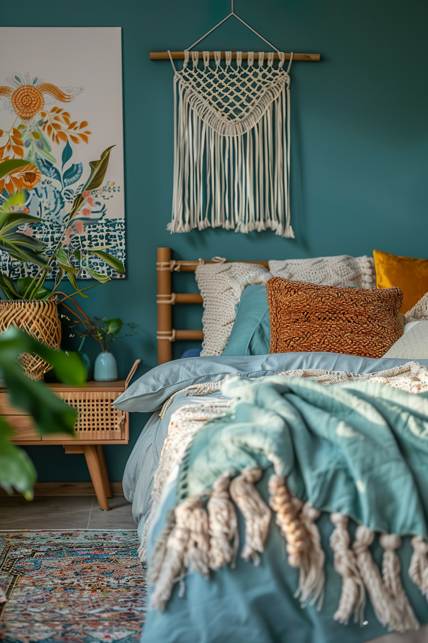 Bohemian style bedroom with teal walls, macrame wall hanging, woven decorations, potted plants, and colorful patterned rug.