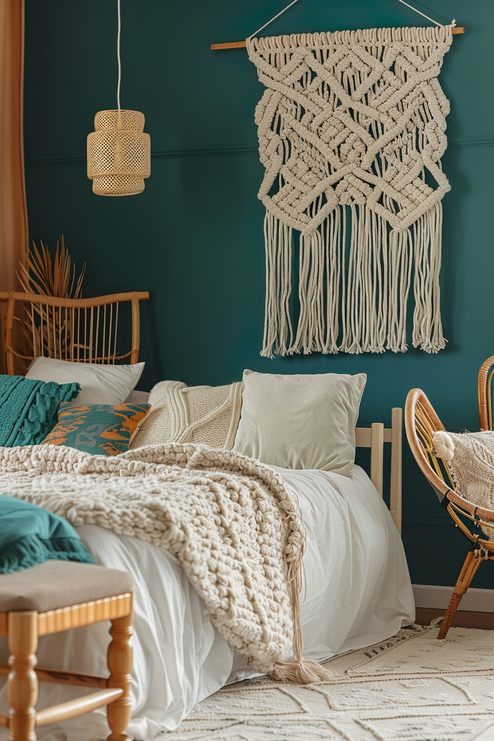 A cozy bedroom with a teal wall, white bedding, a chunky knit throw, a macrame wall hanging, and a rattan chair.