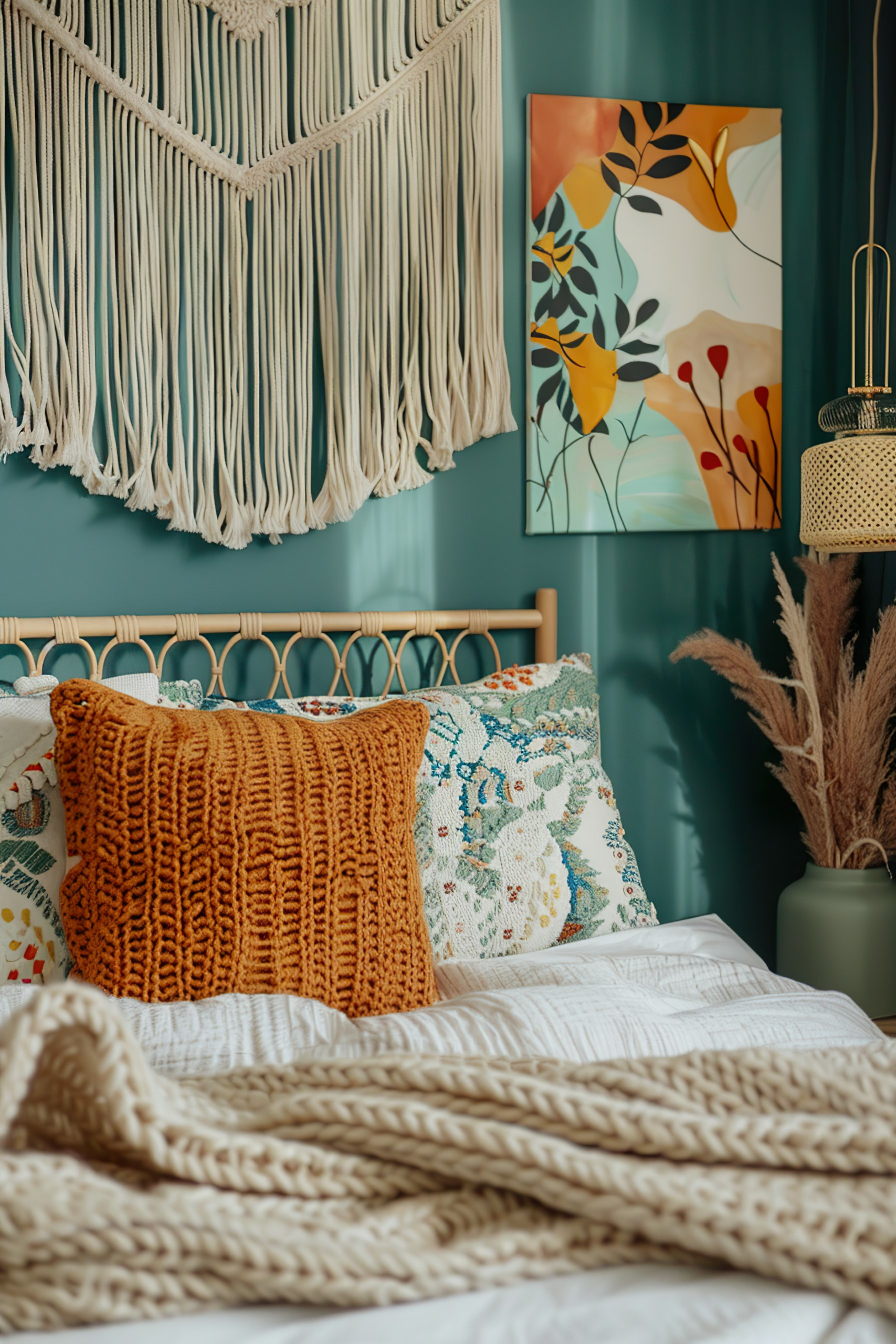 A cozy bedroom corner with a macrame wall hanging, colorful abstract art, textured pillows, and a chunky knit throw on a bed.