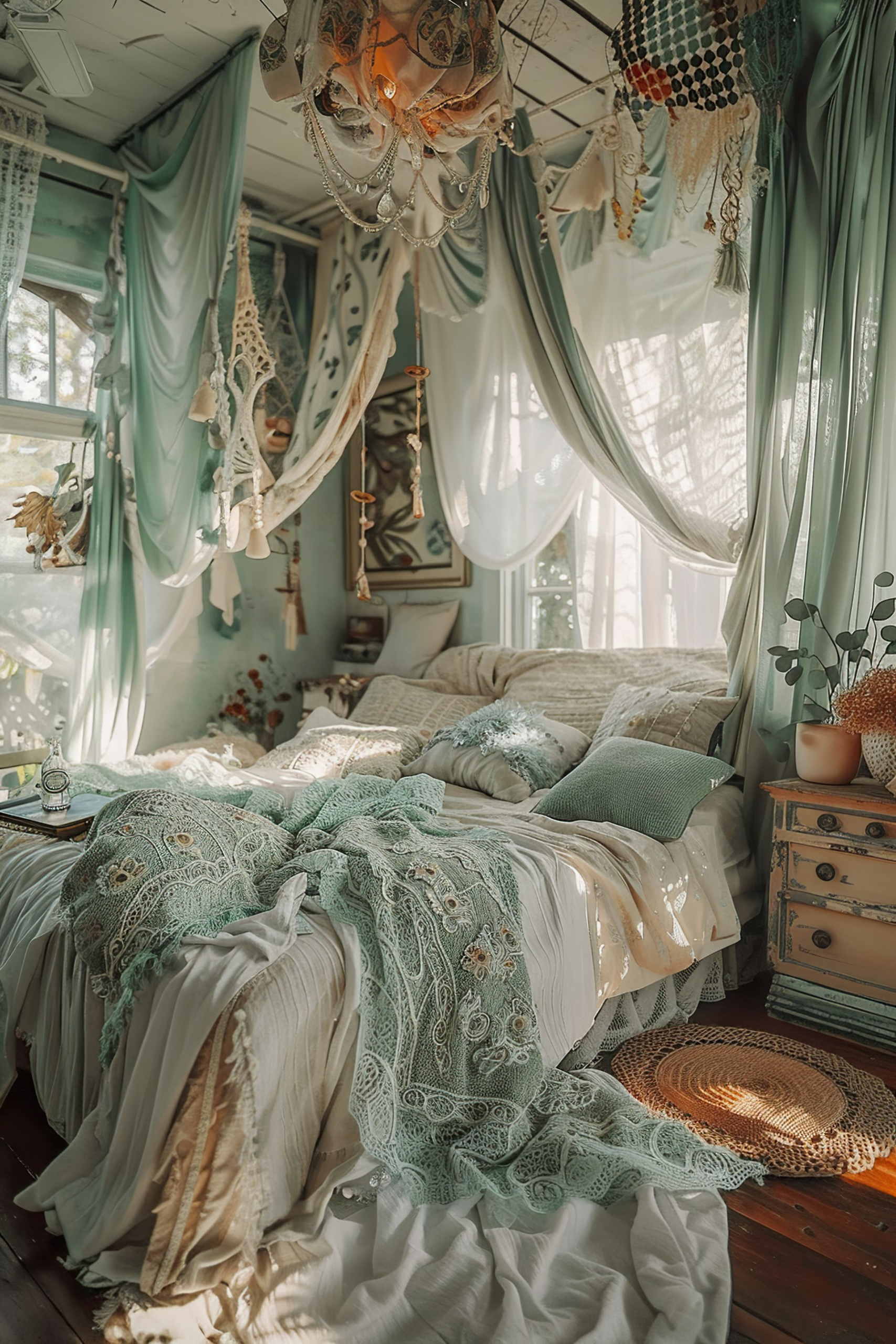 A cozy, bohemian-inspired bedroom with draped fabrics, a vintage chandelier, and a bed adorned with lace linens in soft, natural light.