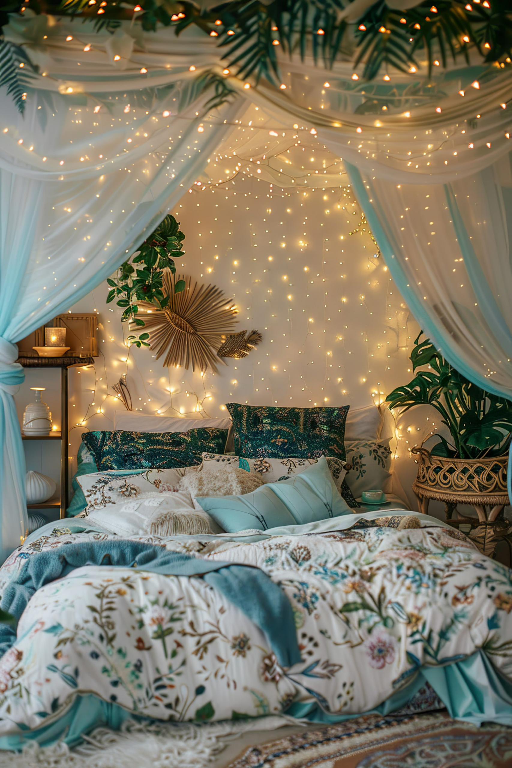 Cozy bedroom with a bed adorned in floral bedding, fairy lights on walls, sheer drapes, and tropical plants for a bohemian ambiance.