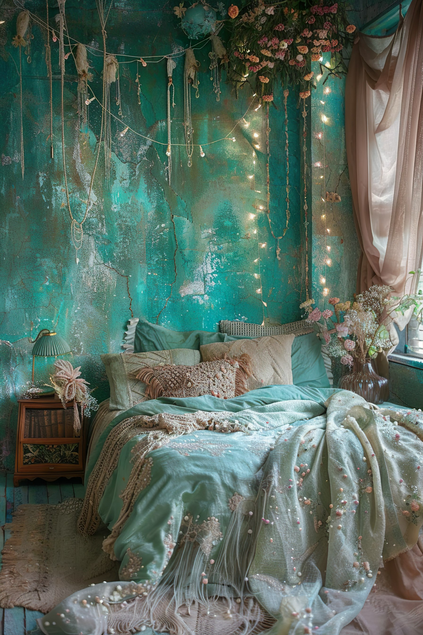 Alt: A cozy bedroom with a bohemian aesthetic, featuring a bed with teal linens and decorative pillows, fairy lights, and wall-hanging floral decor.