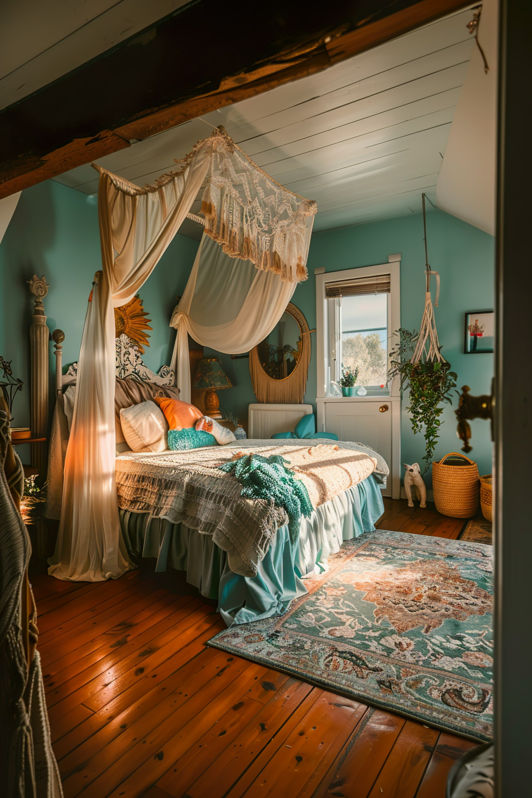 Cozy bohemian bedroom with a canopy bed, teal walls, wooden floor, and vintage decor under warm lighting.