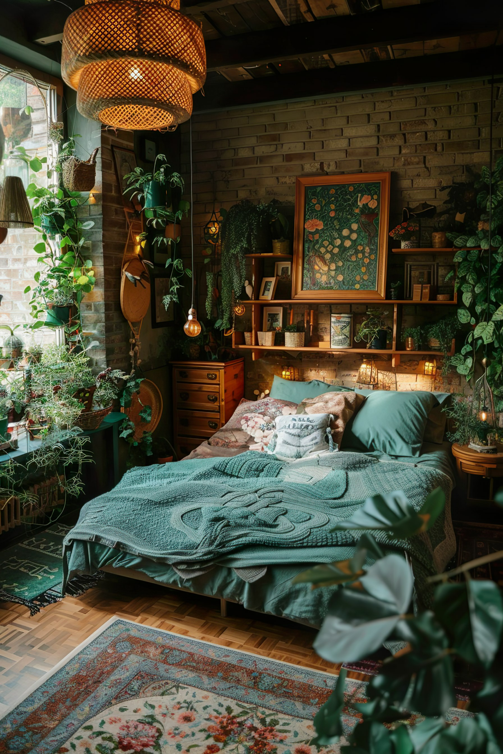 ALT: A cozy, plant-filled bedroom with a large bed, green bedding, hanging rattan lamps, and lush houseplants surroundings.