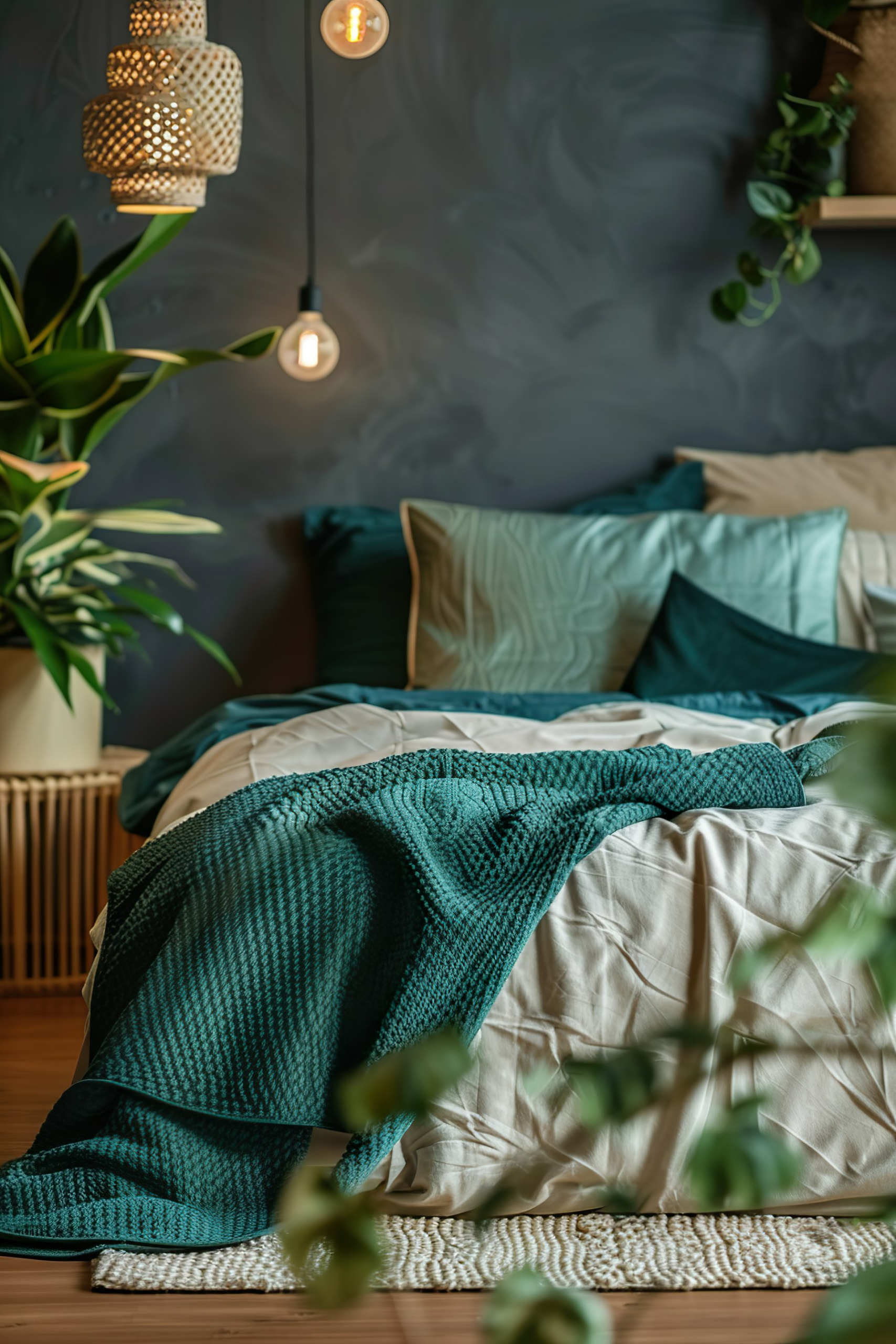 Cozy bedroom with a neatly made bed, teal accent pillows, and a textured throw blanket, with pendant lights and plants.