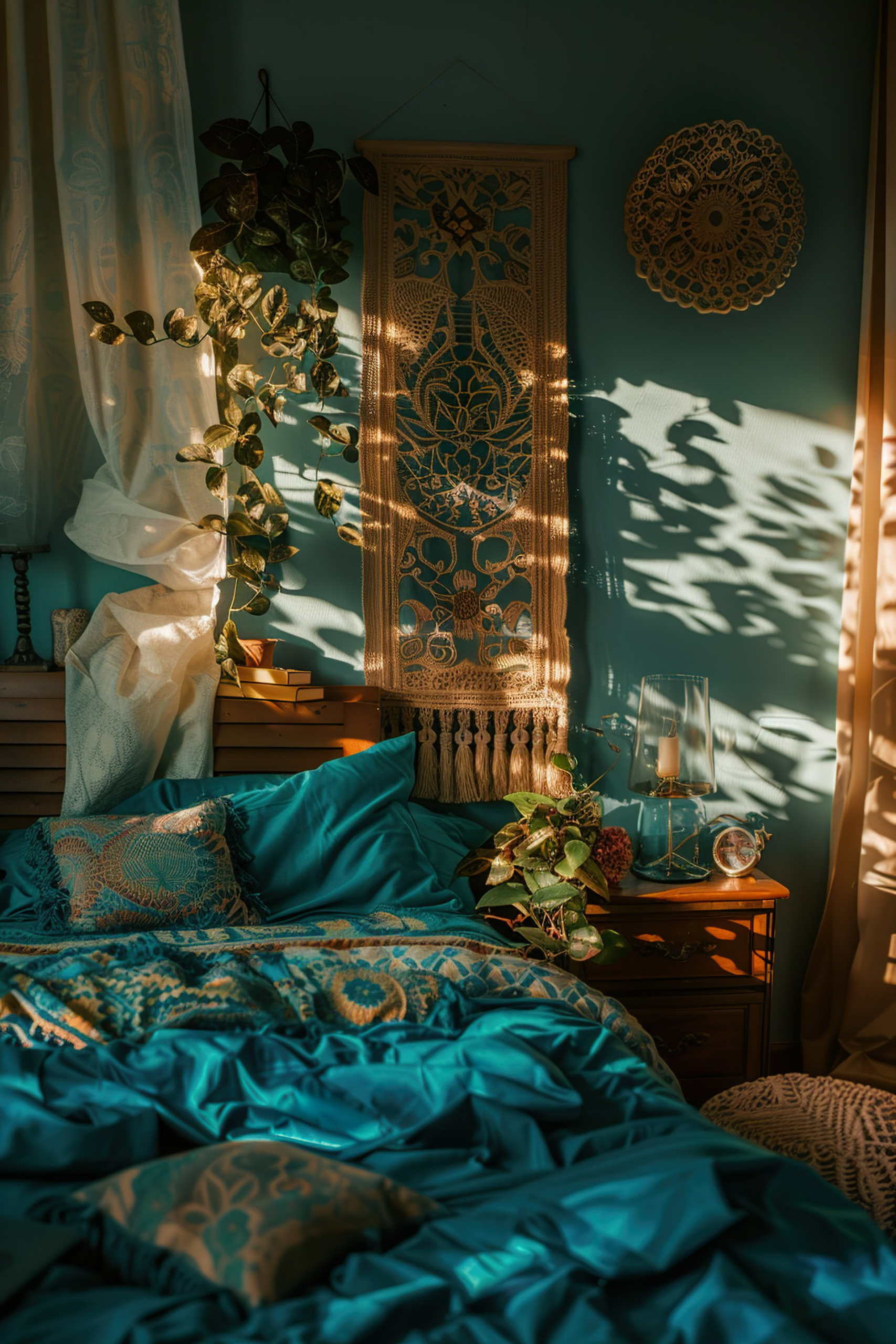 A cozy bedroom bathed in warm sunlight with a teal bedspread, hanging plants, and a decorative tapestry with fairy lights.