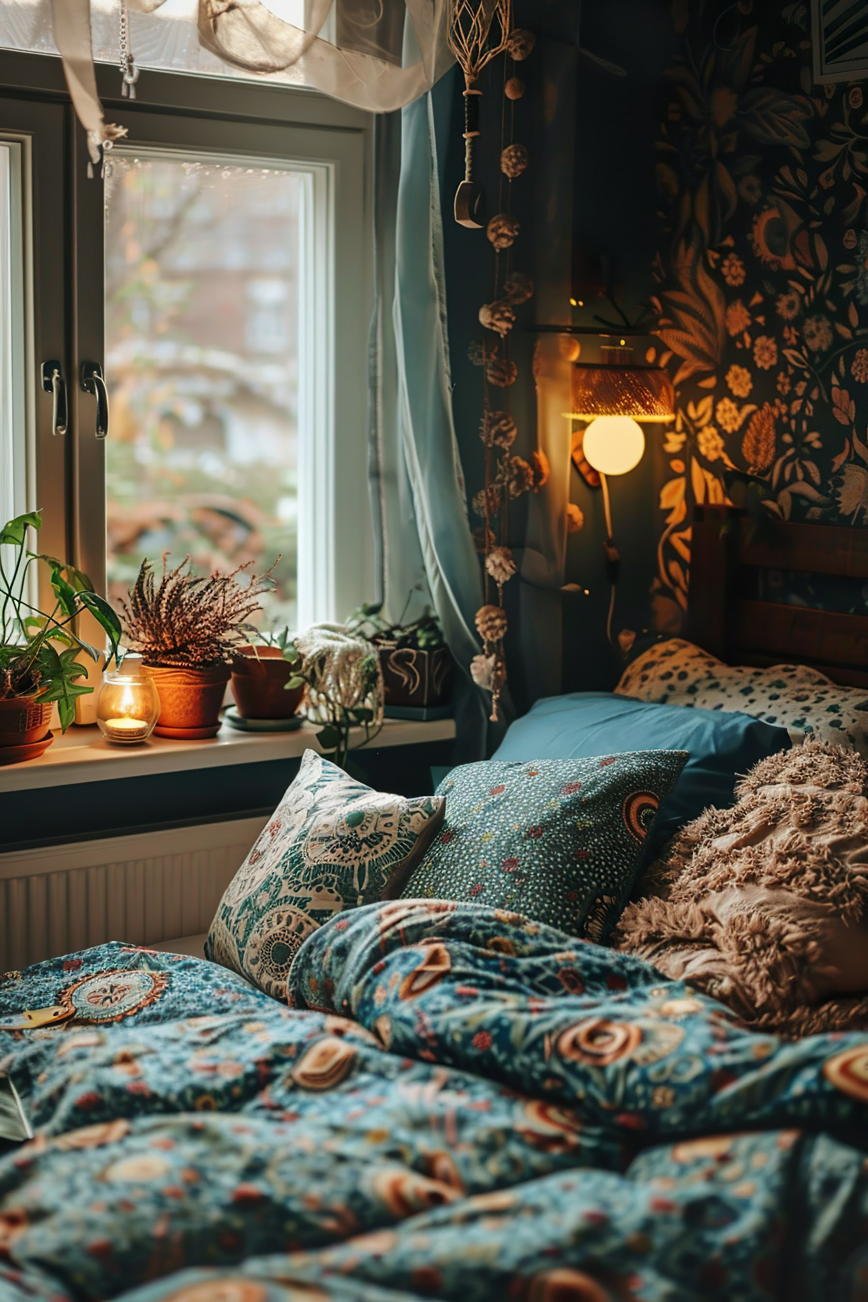 Cozy bedroom corner with patterned bedding, plants on the windowsill, and warm ambient lighting.