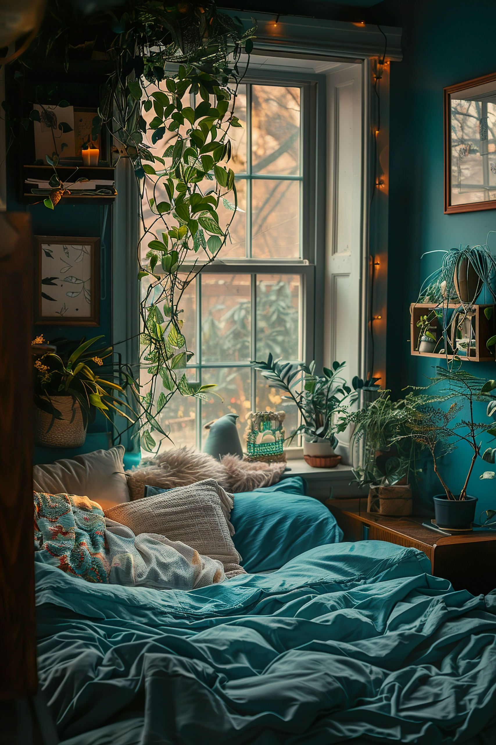 Cozy bedroom with blue bedding, surrounded by green houseplants and hanging fairy lights, with a view out of a window.