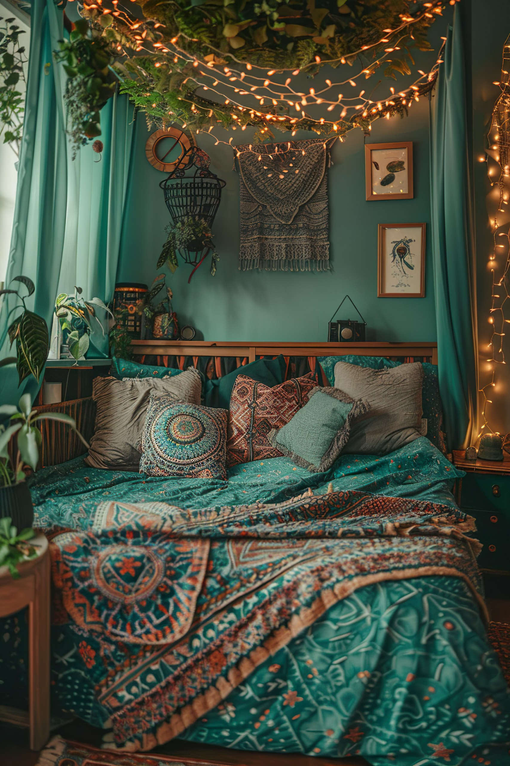 Cozy bedroom with bohemian decor, patterned bedding, draped fairy lights, hanging plants, and various wall art.