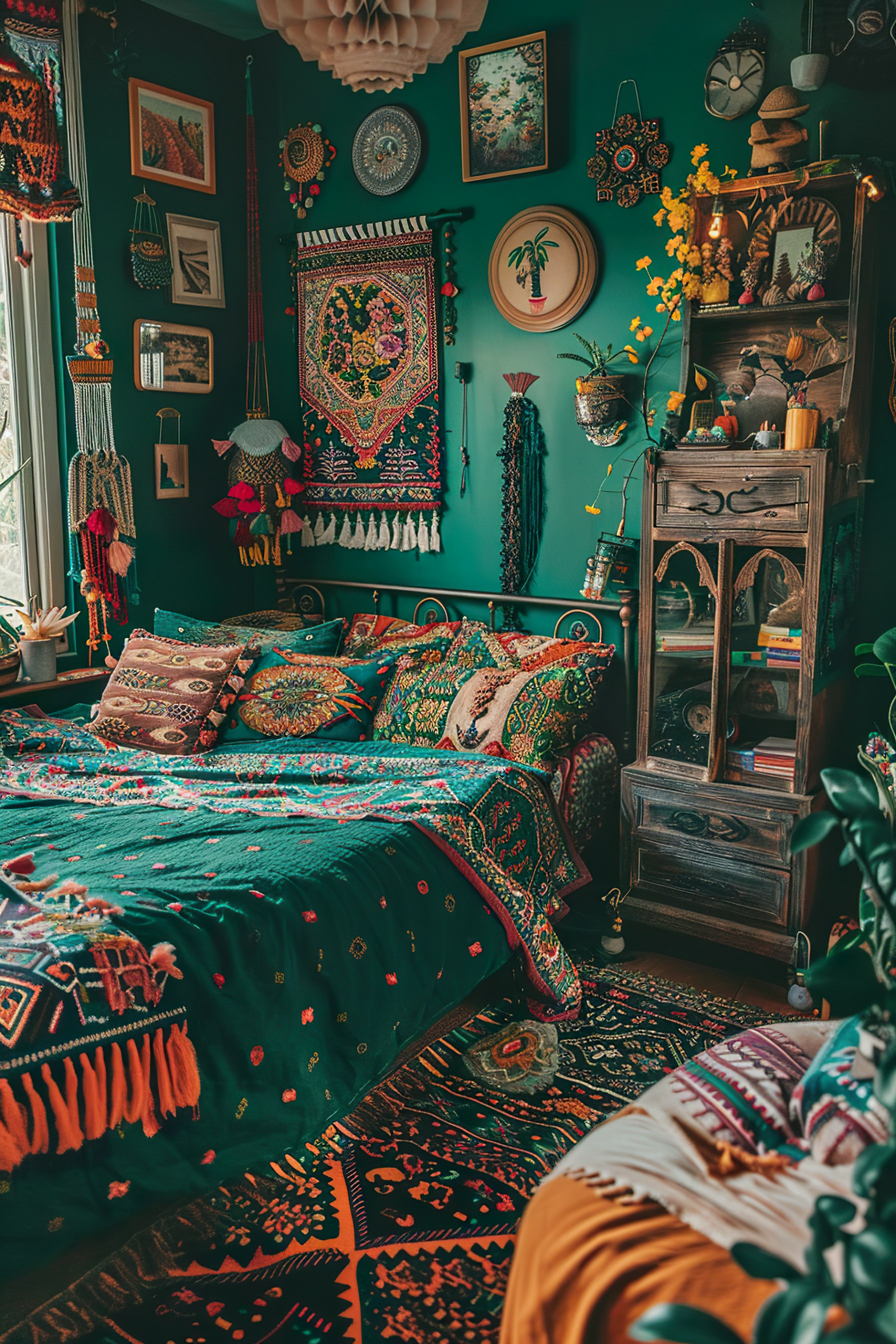 Bohemian-style bedroom with colorful textiles, wall decor, plants, and a vintage wooden cabinet.