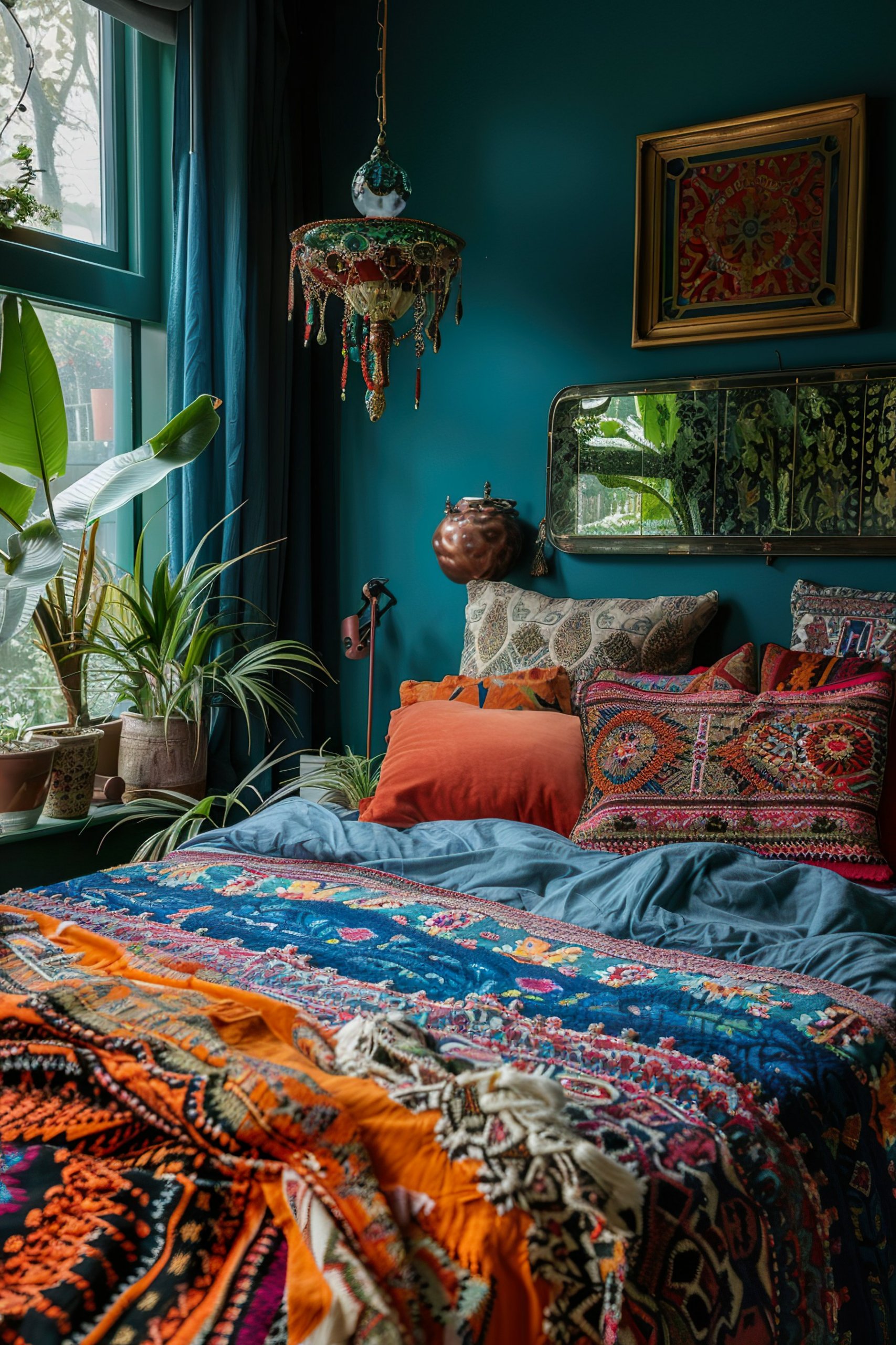 A cozy bohemian-style bedroom with a colorful patterned bedspread, decorative pillows, and an assortment of plants by a teal wall.