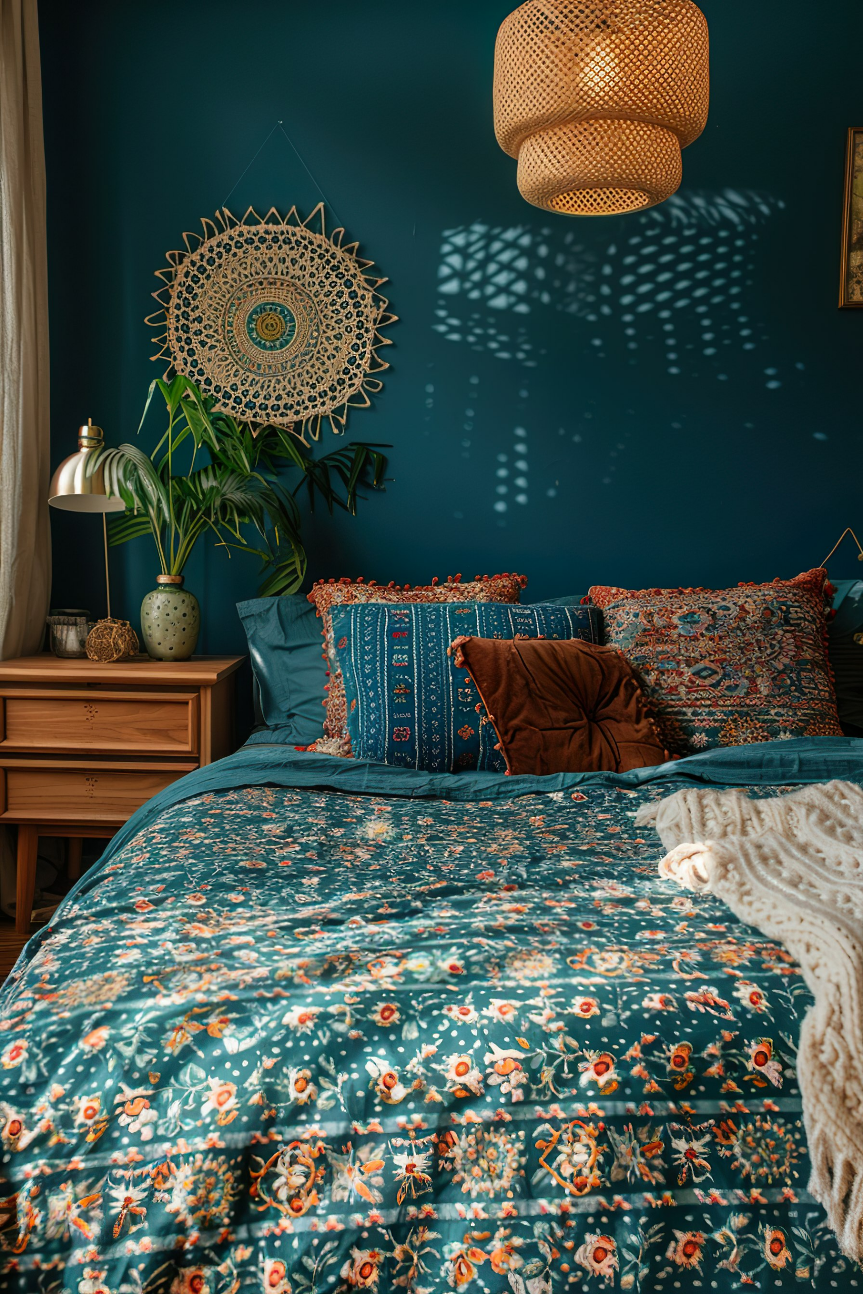 A cozy bedroom with a teal wall, bohemian-style decor, patterned bedding, and a pendant light casting shadows on the wall.