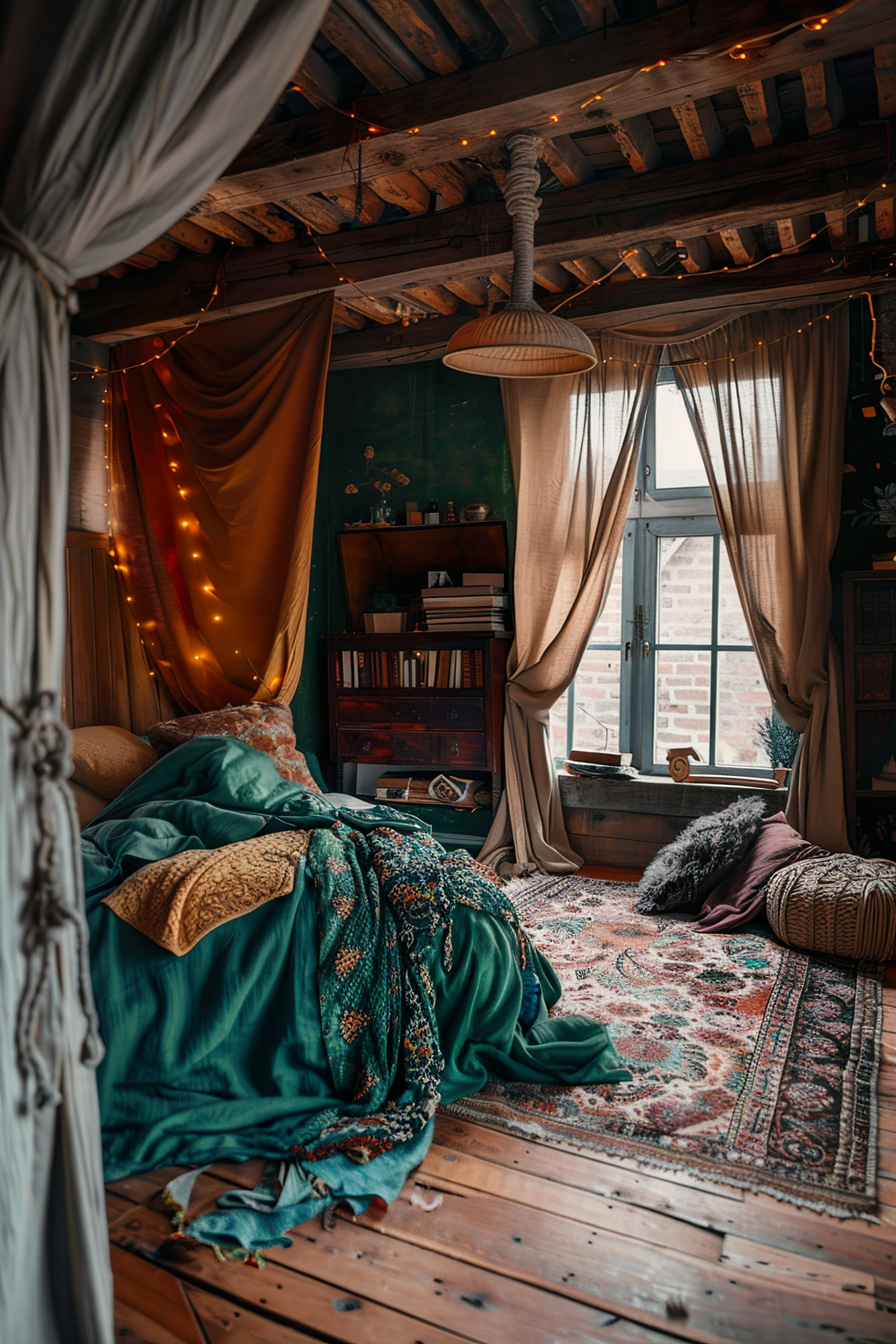 Cozy bohemian-style attic room with a draped bed, fairy lights, oriental rug, and vintage furnishings by a window.