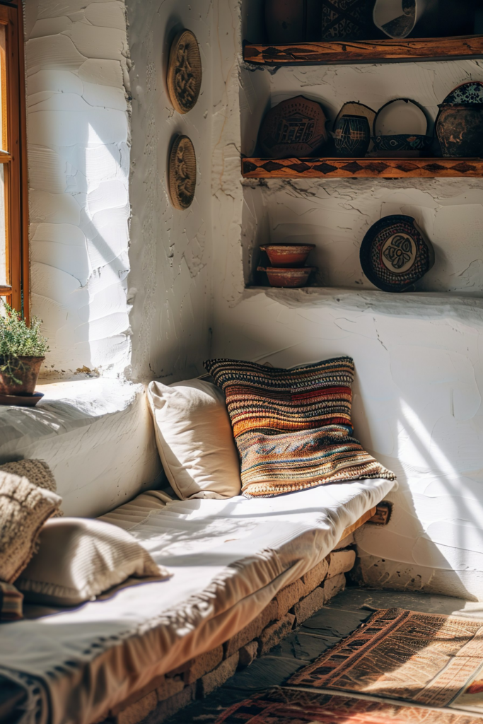 Cozy nook with cushions on a built-in bench, sunlight streaming in, and shelves with decorative pottery above.