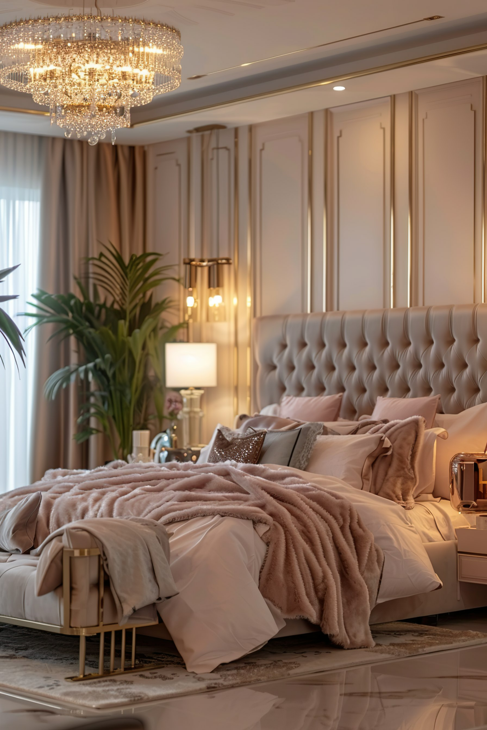 Elegant bedroom interior with a plush bed, decorative pillows, chandelier, and soft lighting.