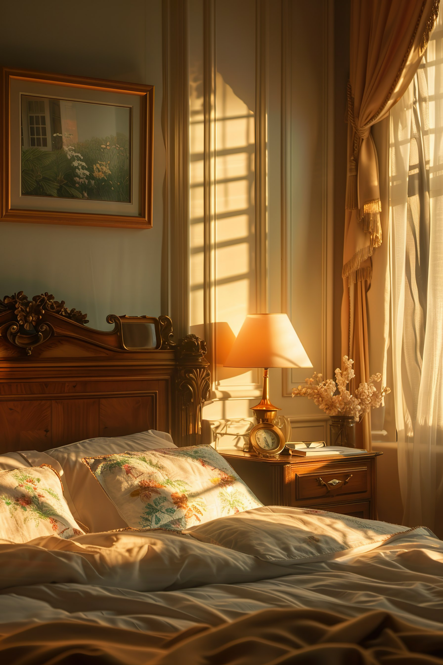 ALT: Cozy bedroom bathed in warm sunlight with a made bed, a bedside table with a lamp and clock, framed art on the wall, and draped curtains.