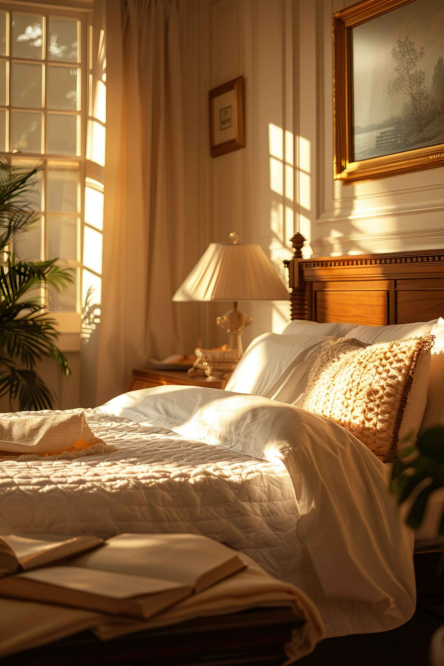 Cozy bedroom with sunlight filtering through the window, casting a warm glow over an unmade bed and open book.