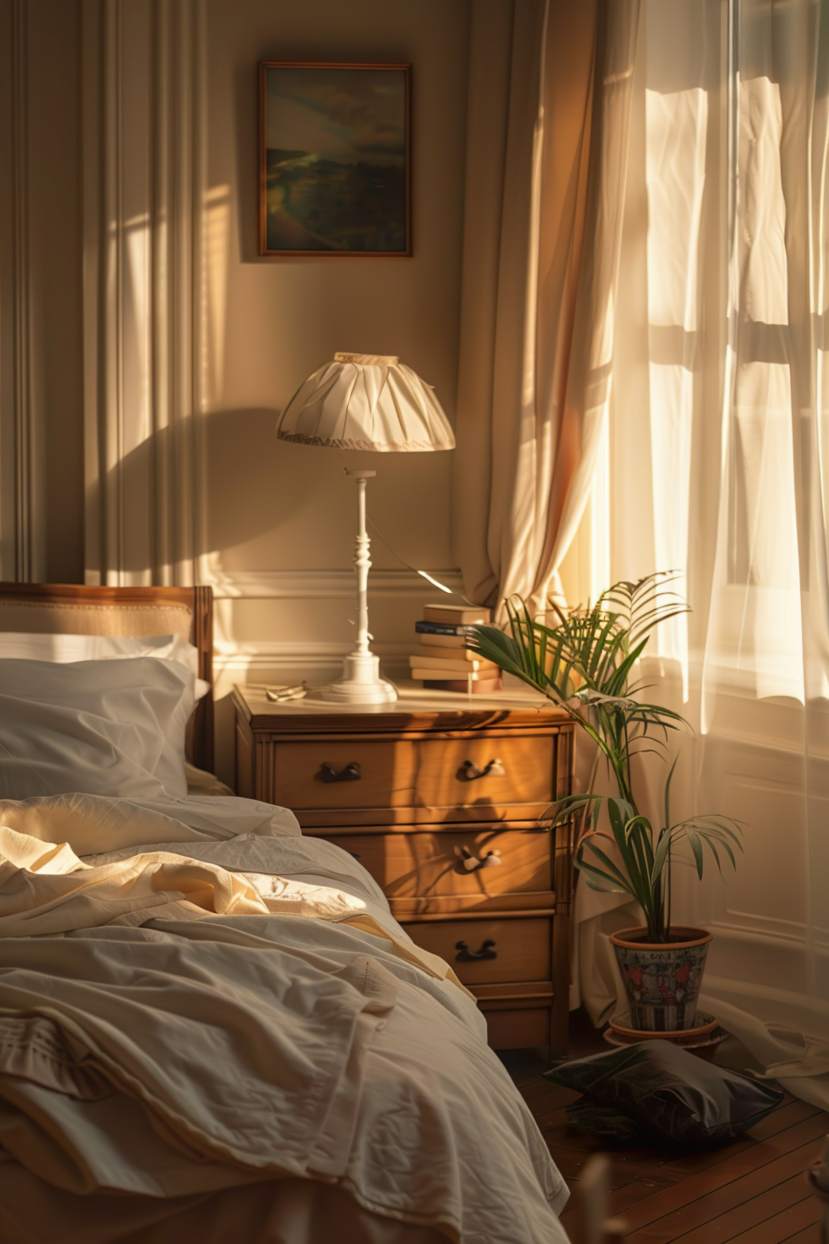 A cozy bedroom at sunrise with golden light filtering through sheer curtains, highlighting a bedside table, lamp, and potted plant.