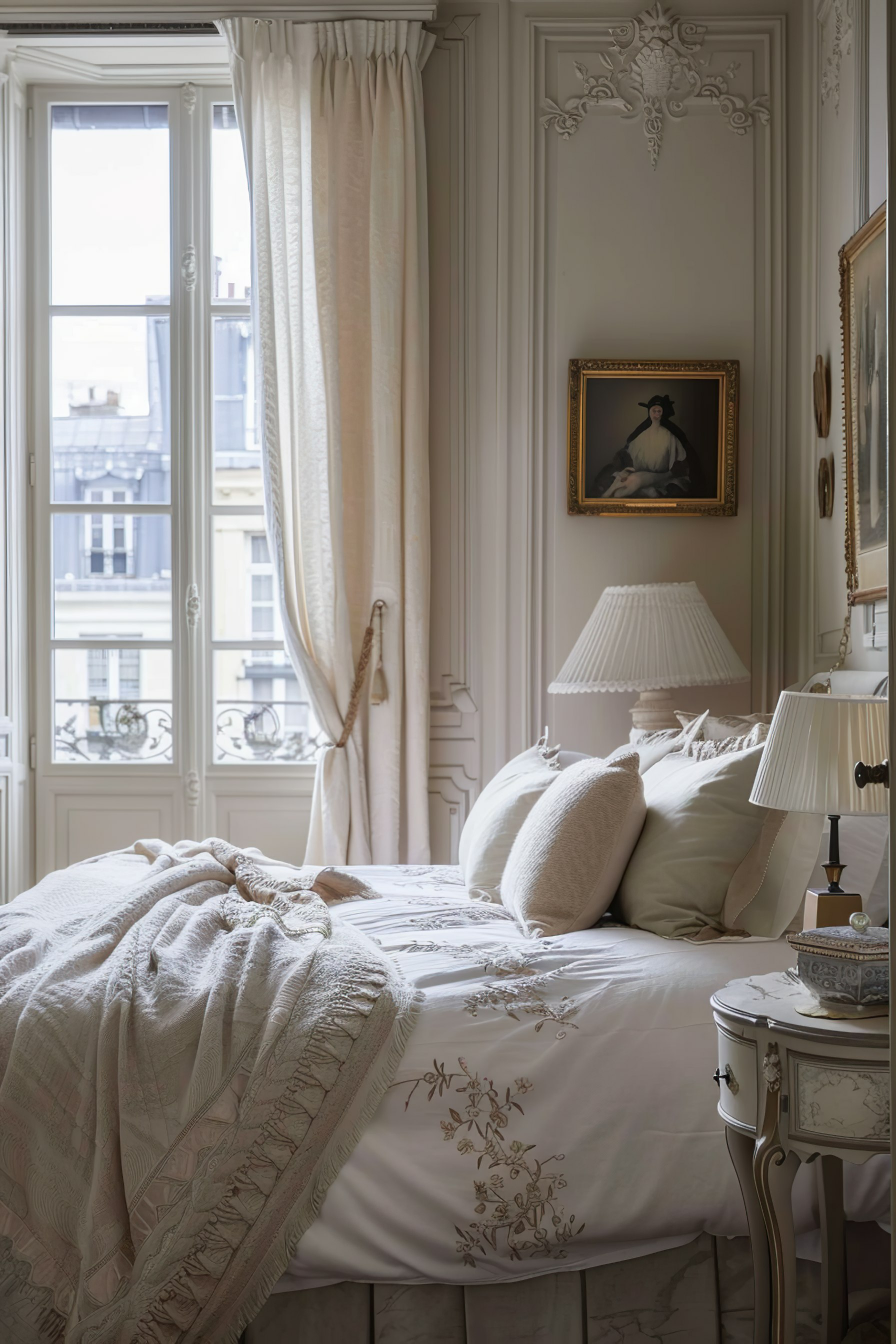 Elegant bedroom with a bed dressed in white linen, decorative pillows, framed artwork on the wall, and a view of European-style buildings outside.