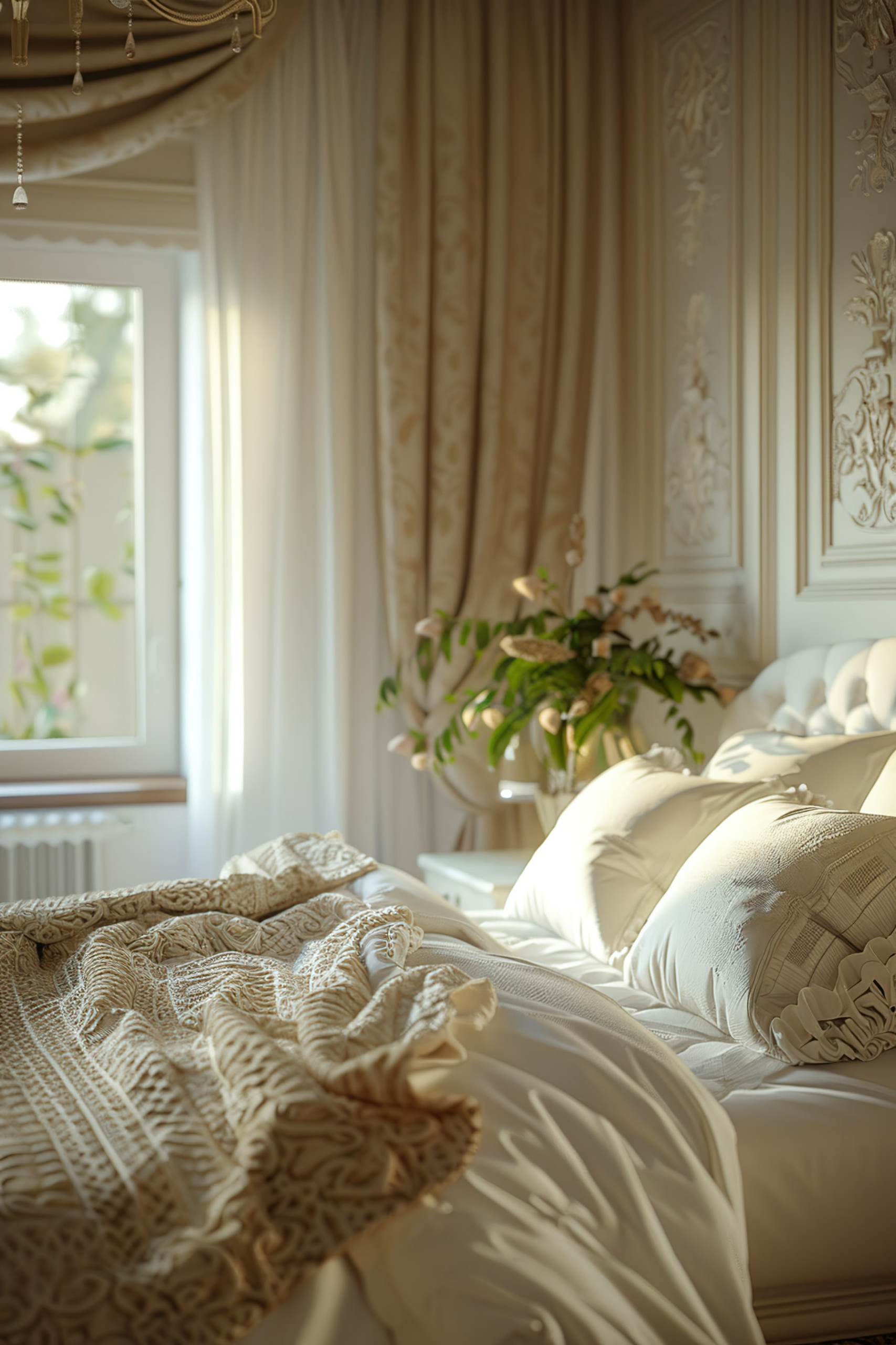 Elegant bedroom with sunlight streaming through a window, luxurious bed linens, and a patterned beige throw.