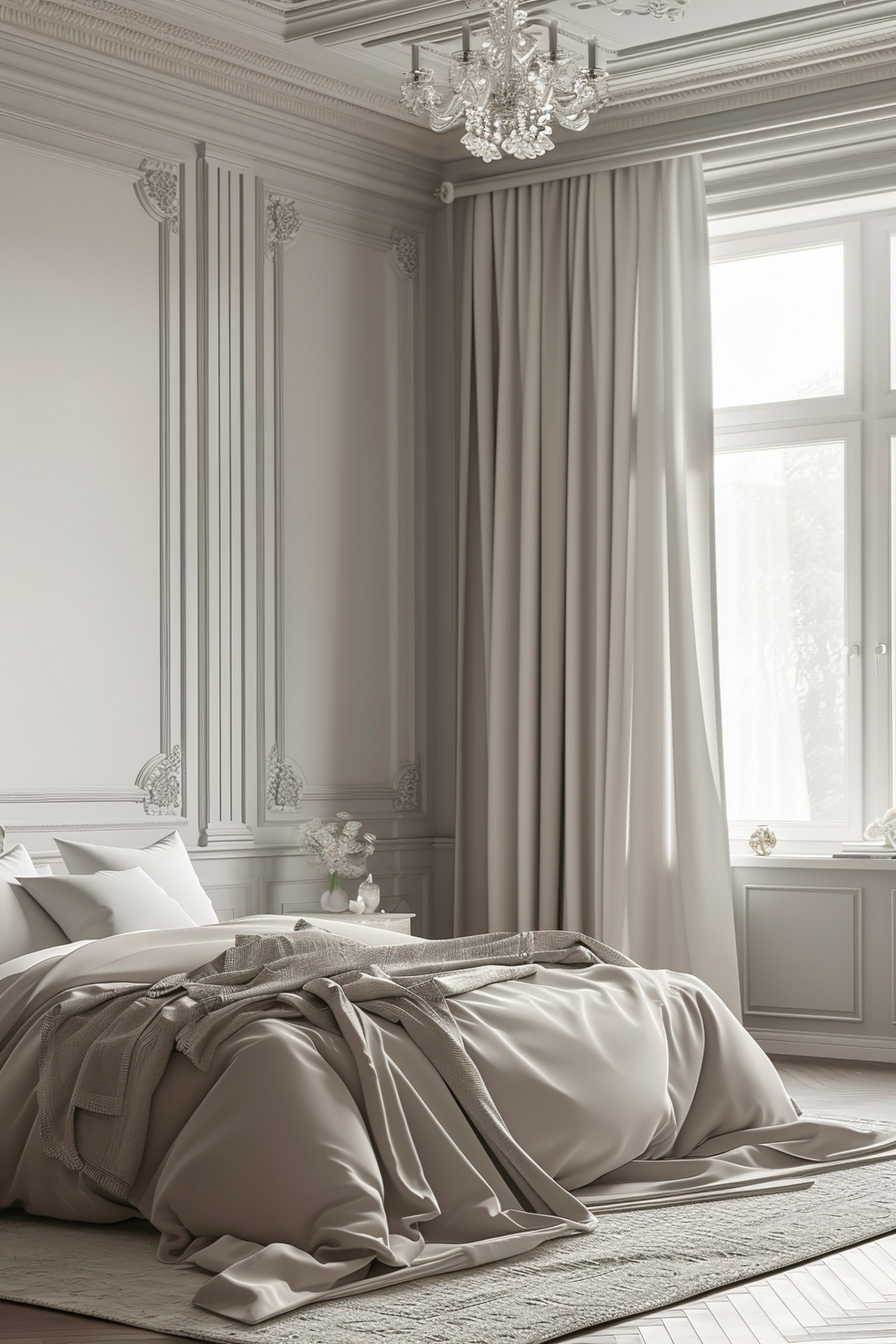 ALT: An elegant bedroom with a luxurious bed adorned with silky bedding, a classic chandelier above, and grand curtains framing a sunlit window.