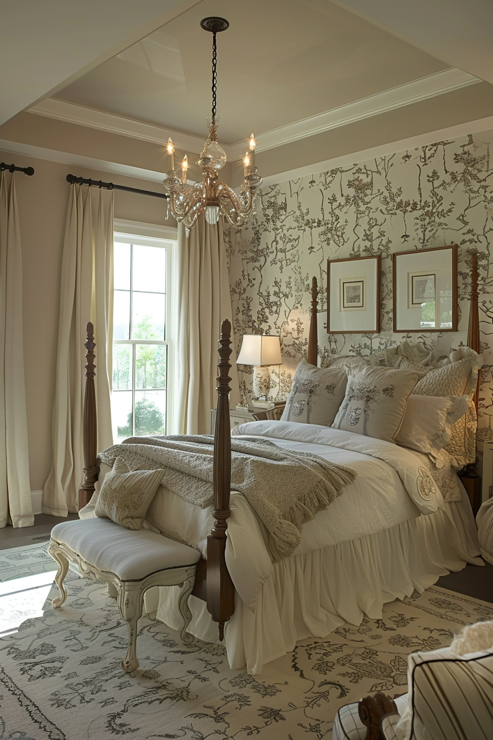 Elegant bedroom with a four-poster bed, ornate chandelier, botanical wallpaper, and classic furniture.