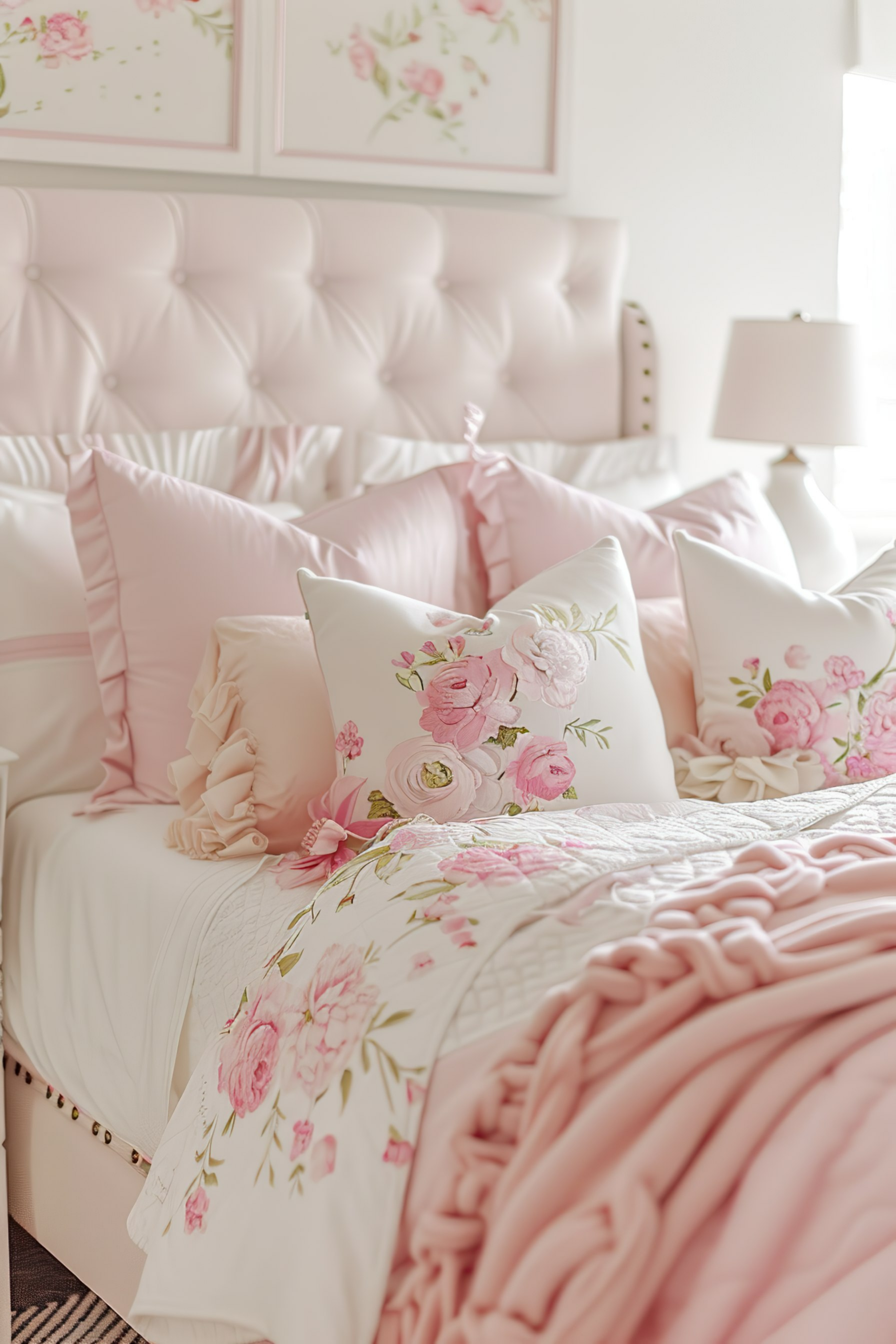 Elegant bedroom with plush pink tufted headboard, floral bedding, and framed flower prints above the bed.