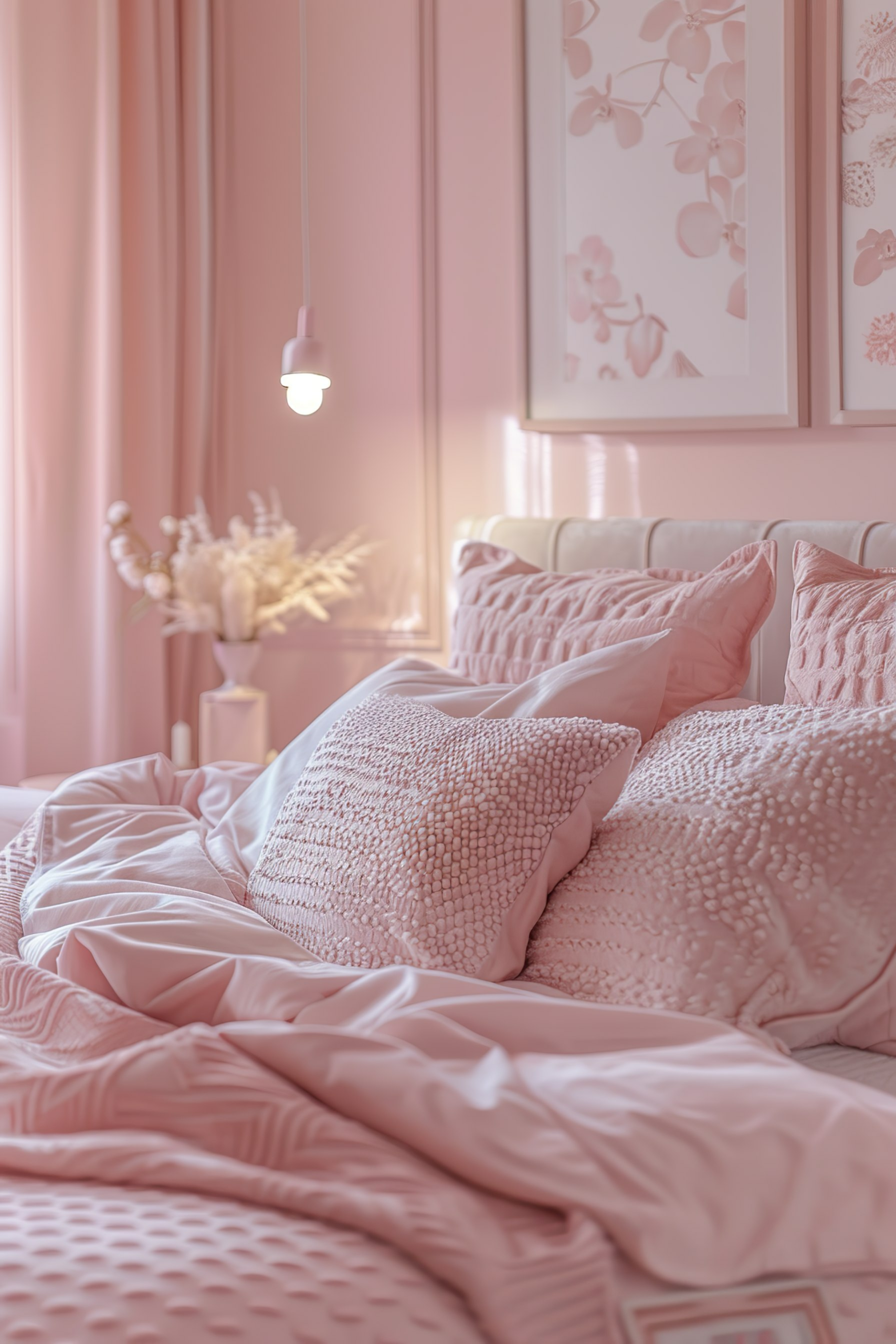 Cozy pink bedroom with plush bedding, decorative pillows, hanging light bulb, and floral artwork on the wall.