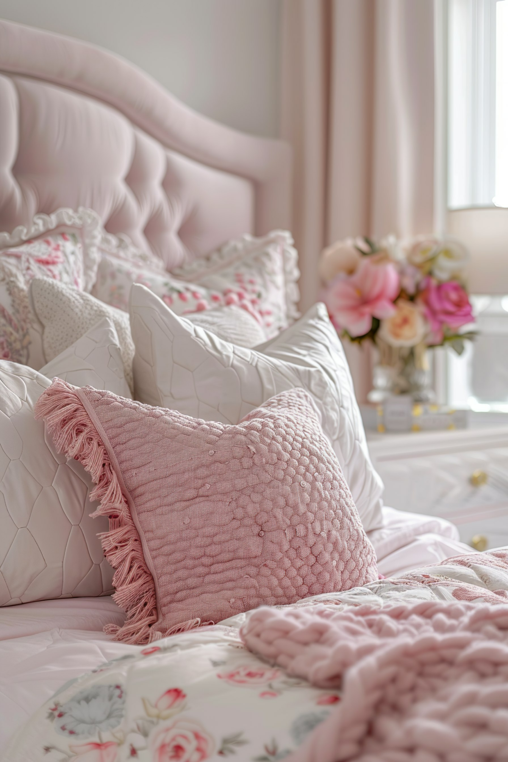 Elegant pink-themed bedroom with plush tufted headboard, floral bedding, and assorted decorative pillows.