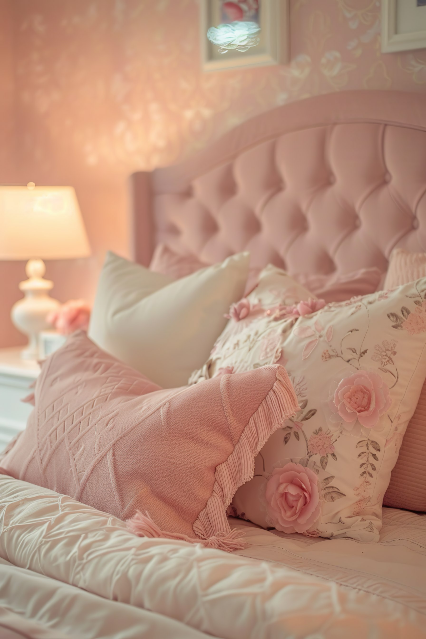 ALT: A cozy bedroom corner with a plush pink tufted headboard and decorative pillows in shades of pink and cream, warm lighting from a bedside lamp.