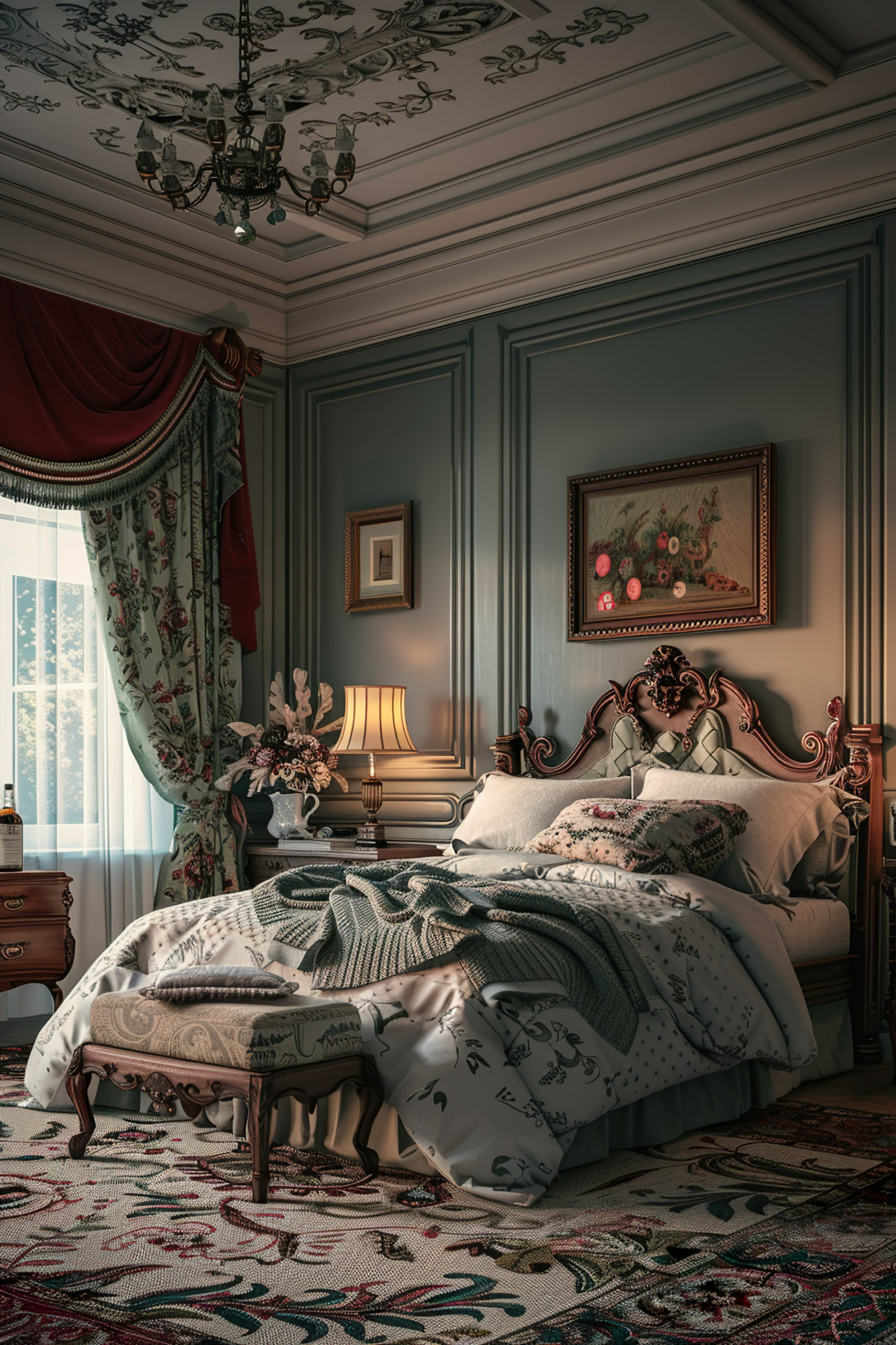 Elegant vintage bedroom with a detailed wooden bed frame, ornate ceiling chandelier, patterned drapes, and a classic floral rug.